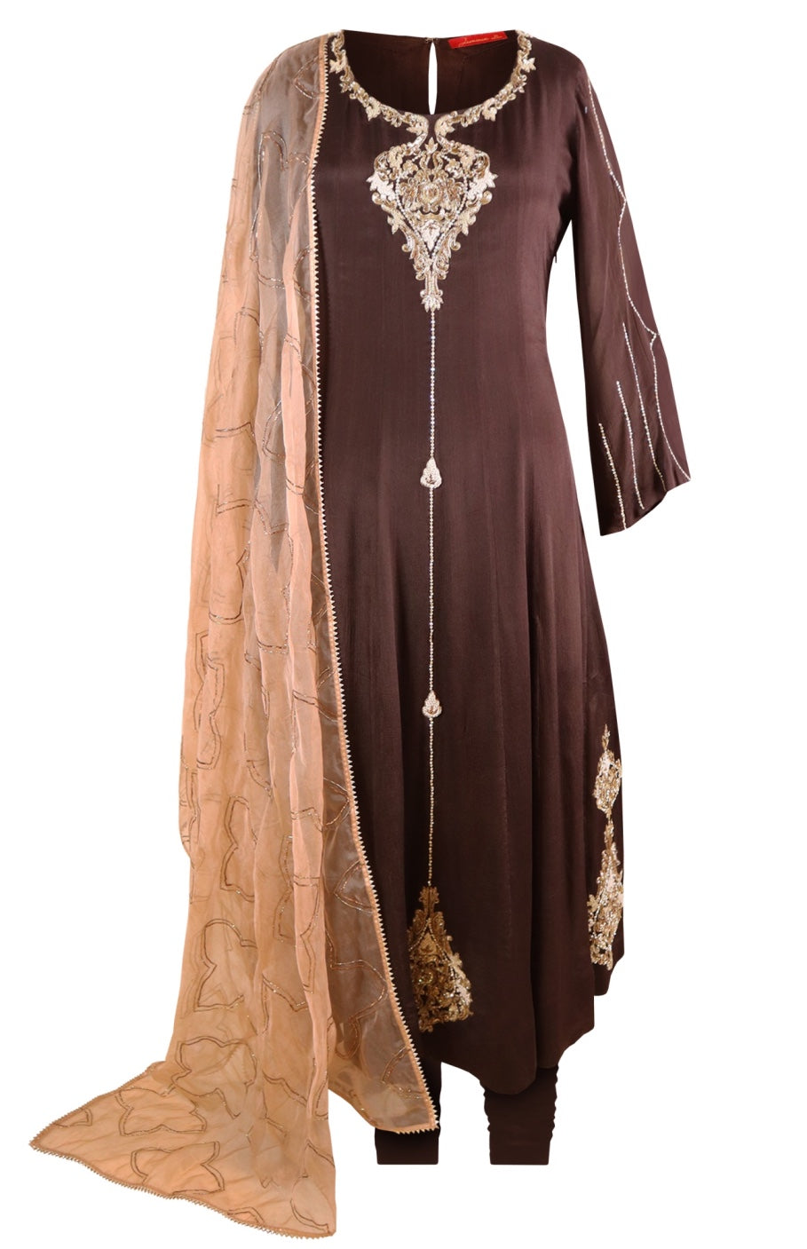Chiffon Anarkali With Organza Dupatta - BROWN