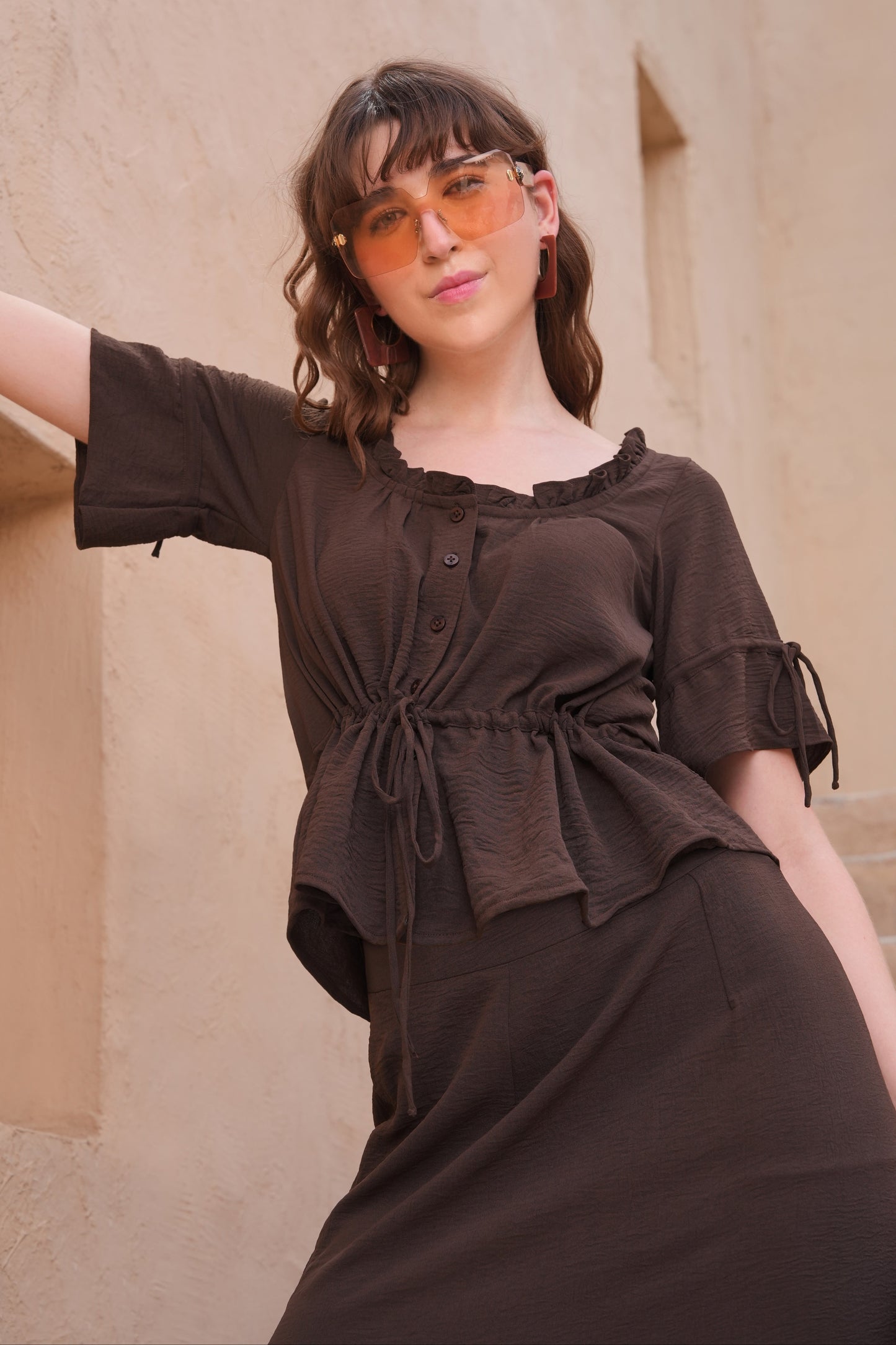 Biased Skirt Co-ord Set - BROWN