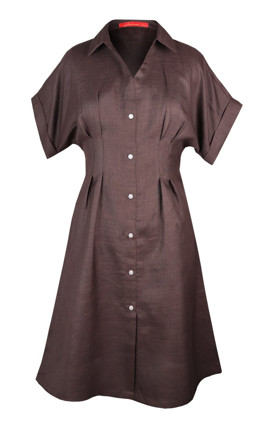 Linen Midi Dress with Waist Pleats - BROWN