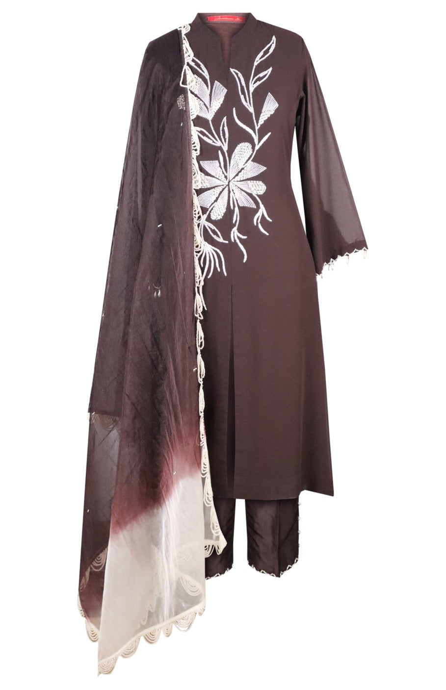 Seed Pearl Georgette Achkan Suit - BROWN