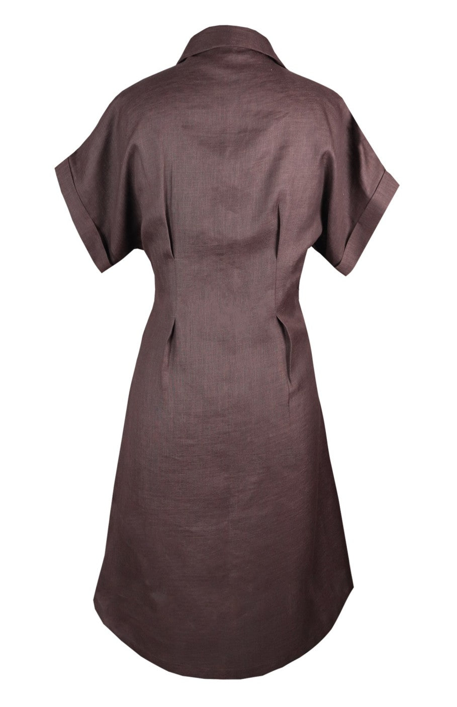 Linen Midi Dress with Waist Pleats - BROWN