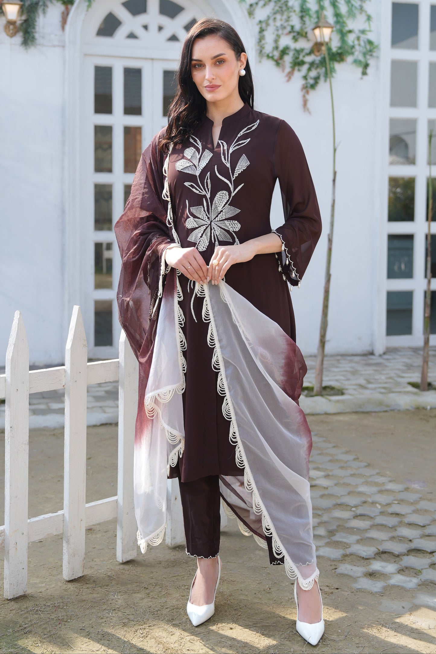 Seed Pearl Georgette Achkan Suit - BROWN
