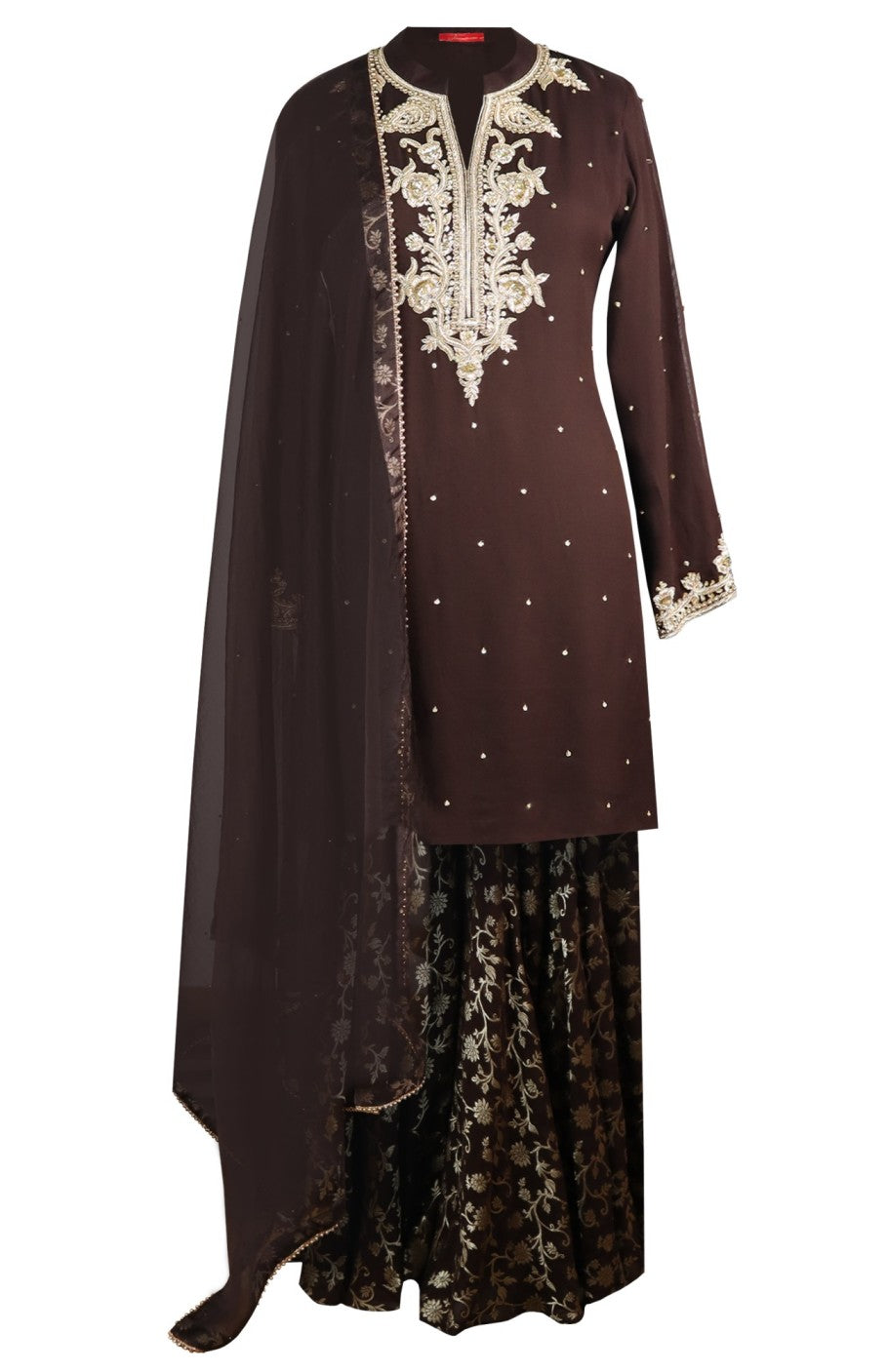 Georgette Short Shirt With Banarsi Sharara - BROWN