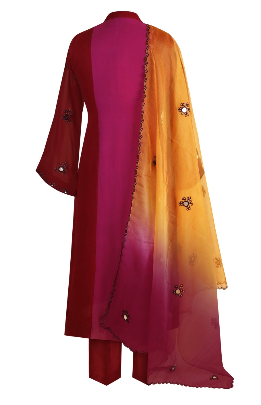 Burgundy Colour Block Suit With Mirror Work