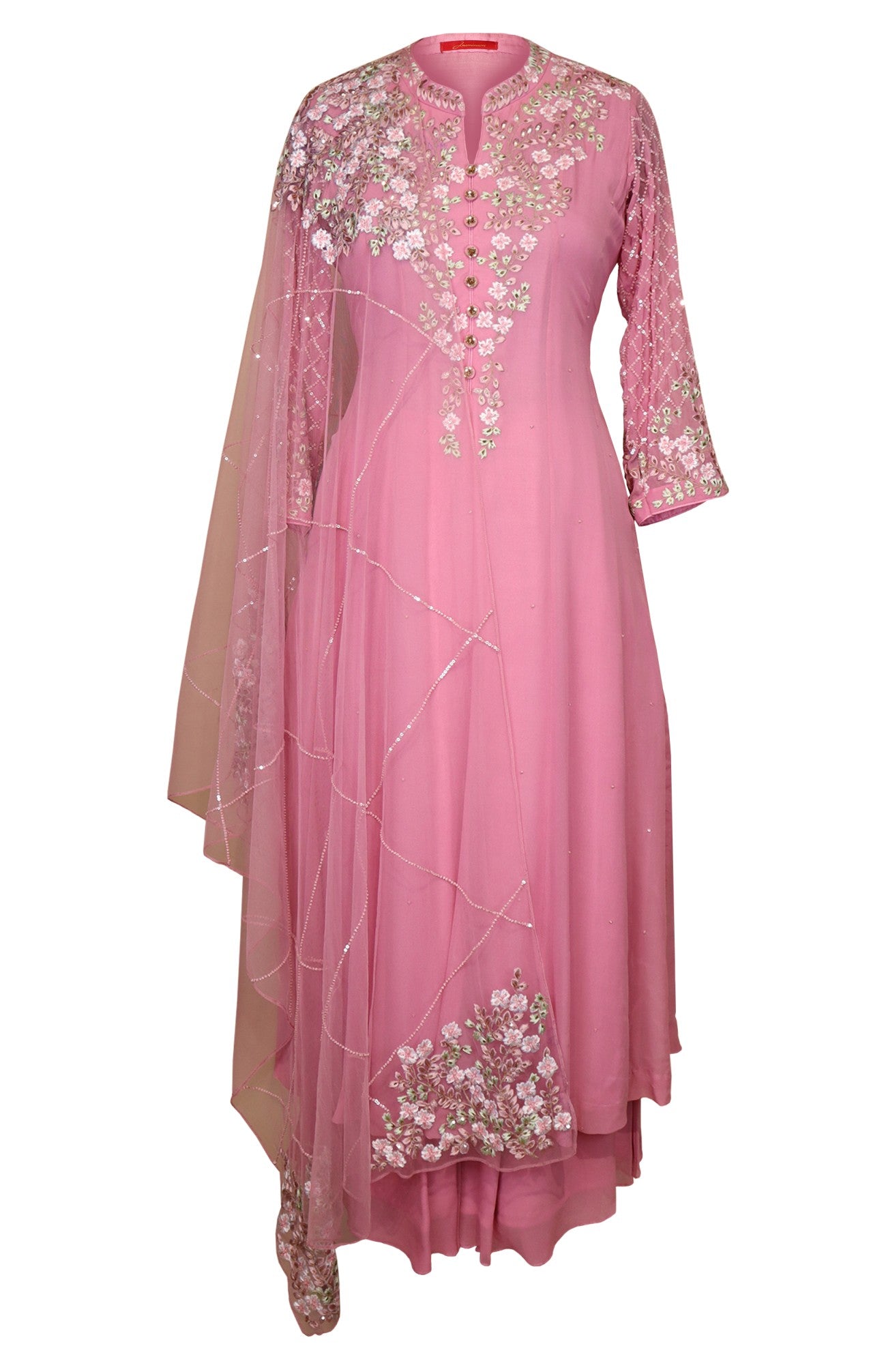 Georgette Kalidar Suit With Floral Embroidery - CANDY PINK