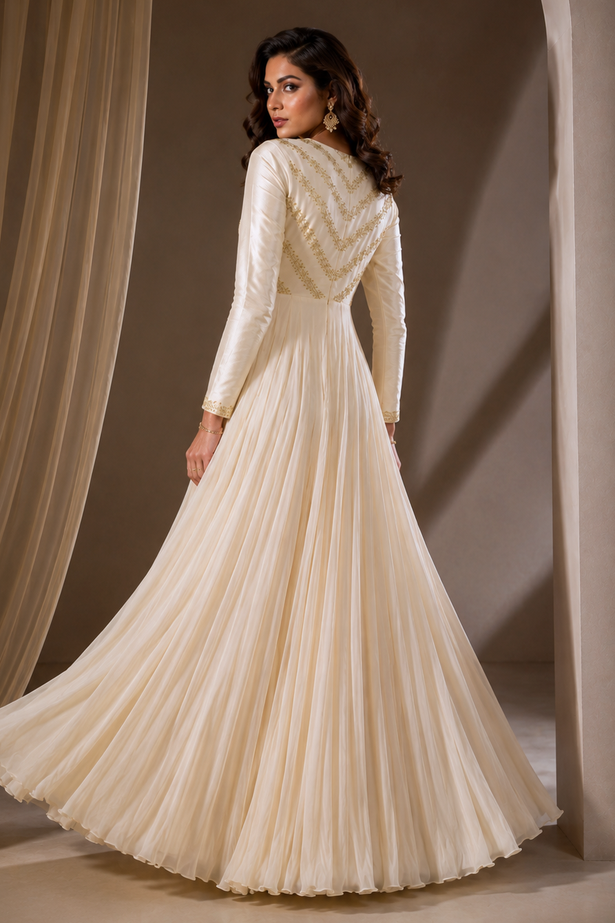 Crème Chevron Embroidery Georgette Maxi Gown