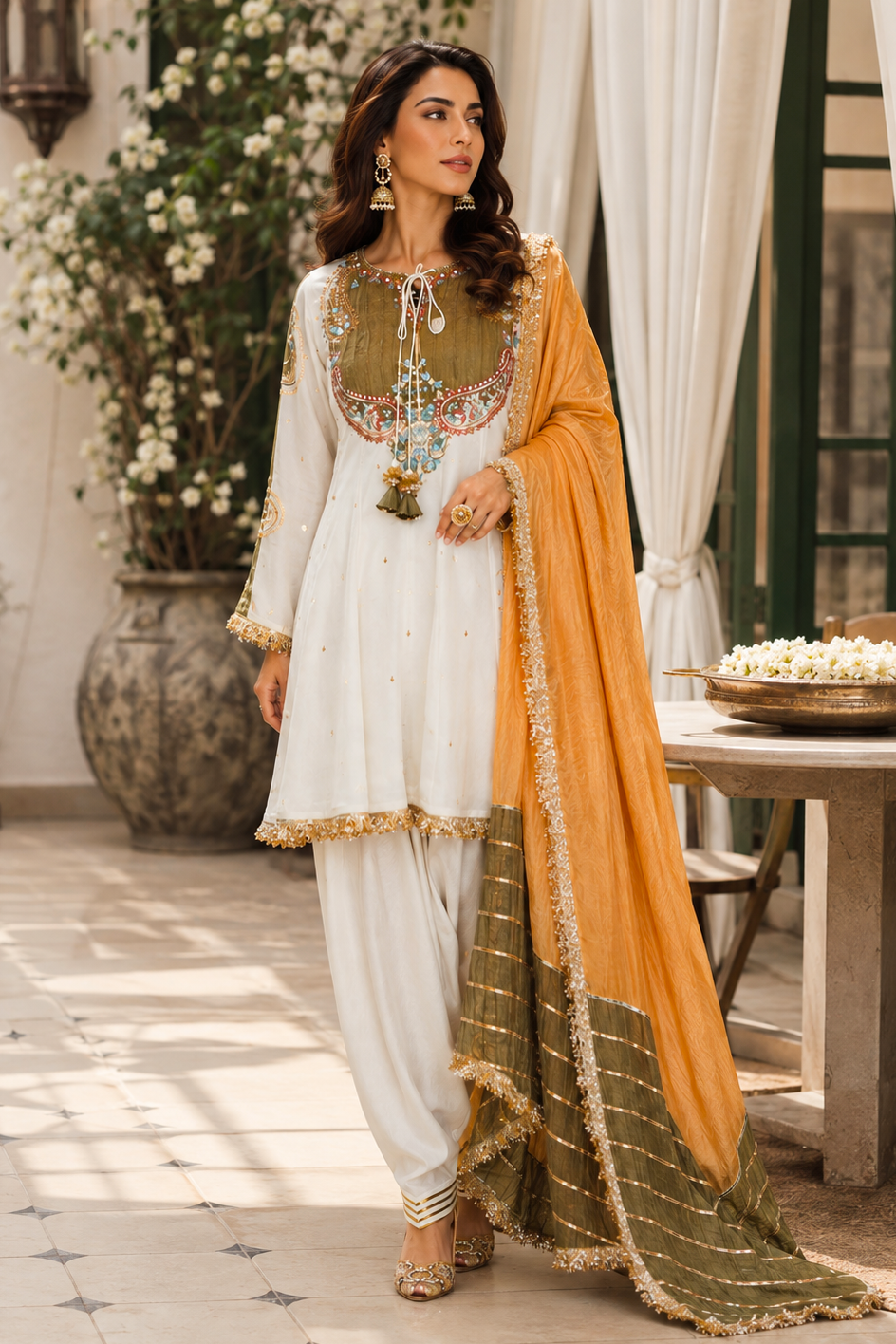 Crinkled Tissue Anarkali With Salwar - IVORY
