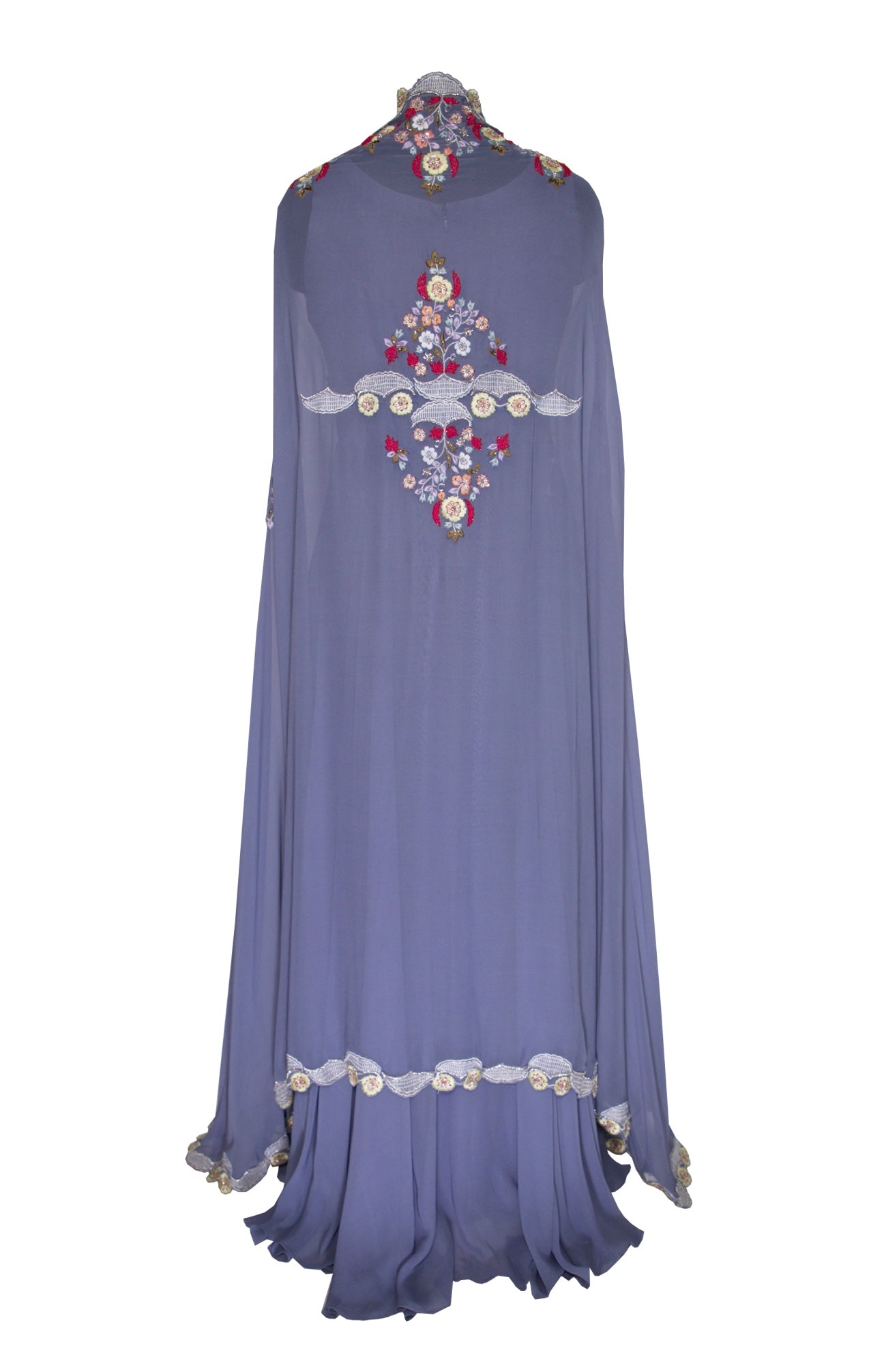 Dusty Blue Georgette Gown With Embroided Cape