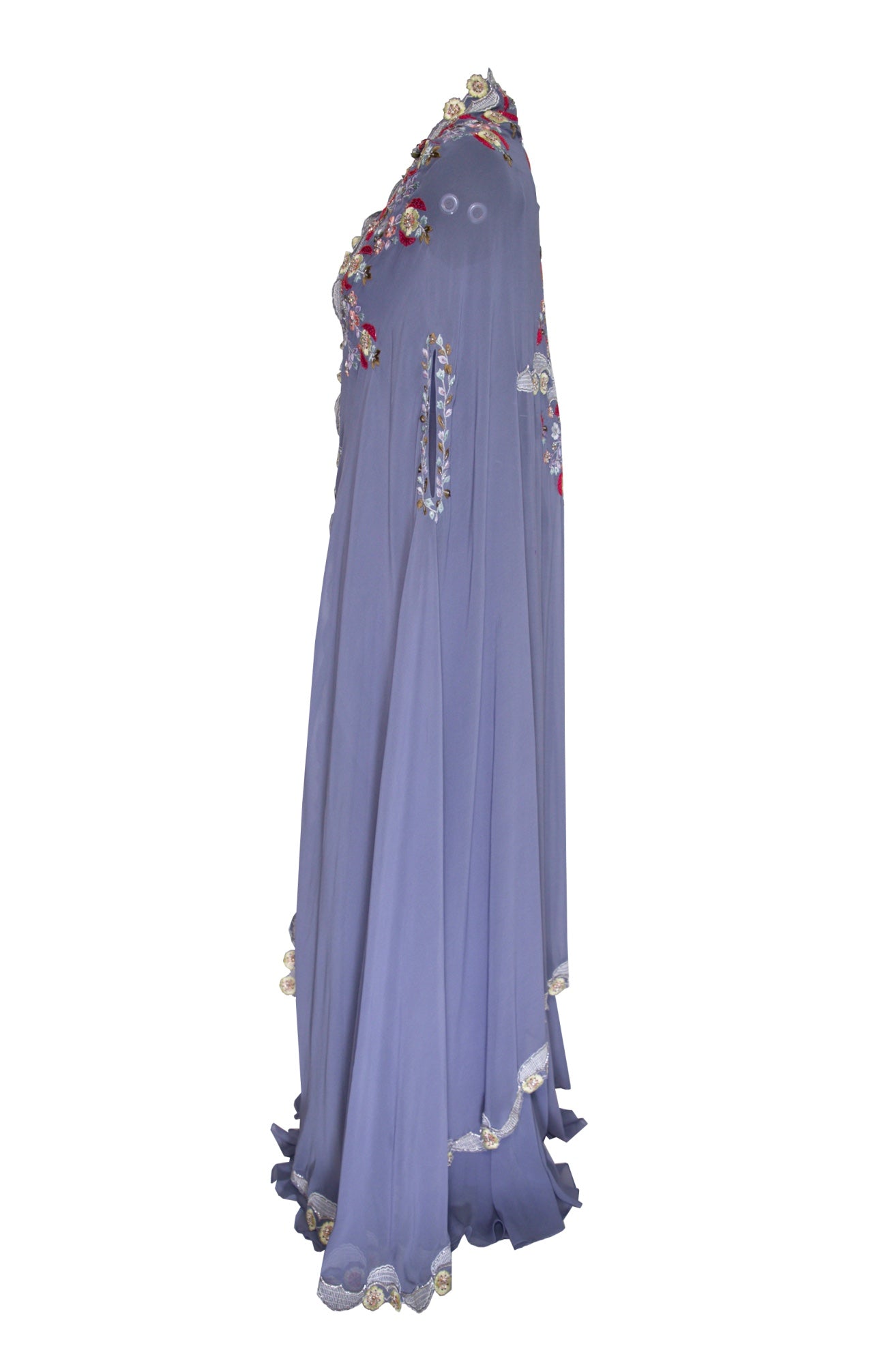 Dusty Blue Georgette Gown With Embroided Cape