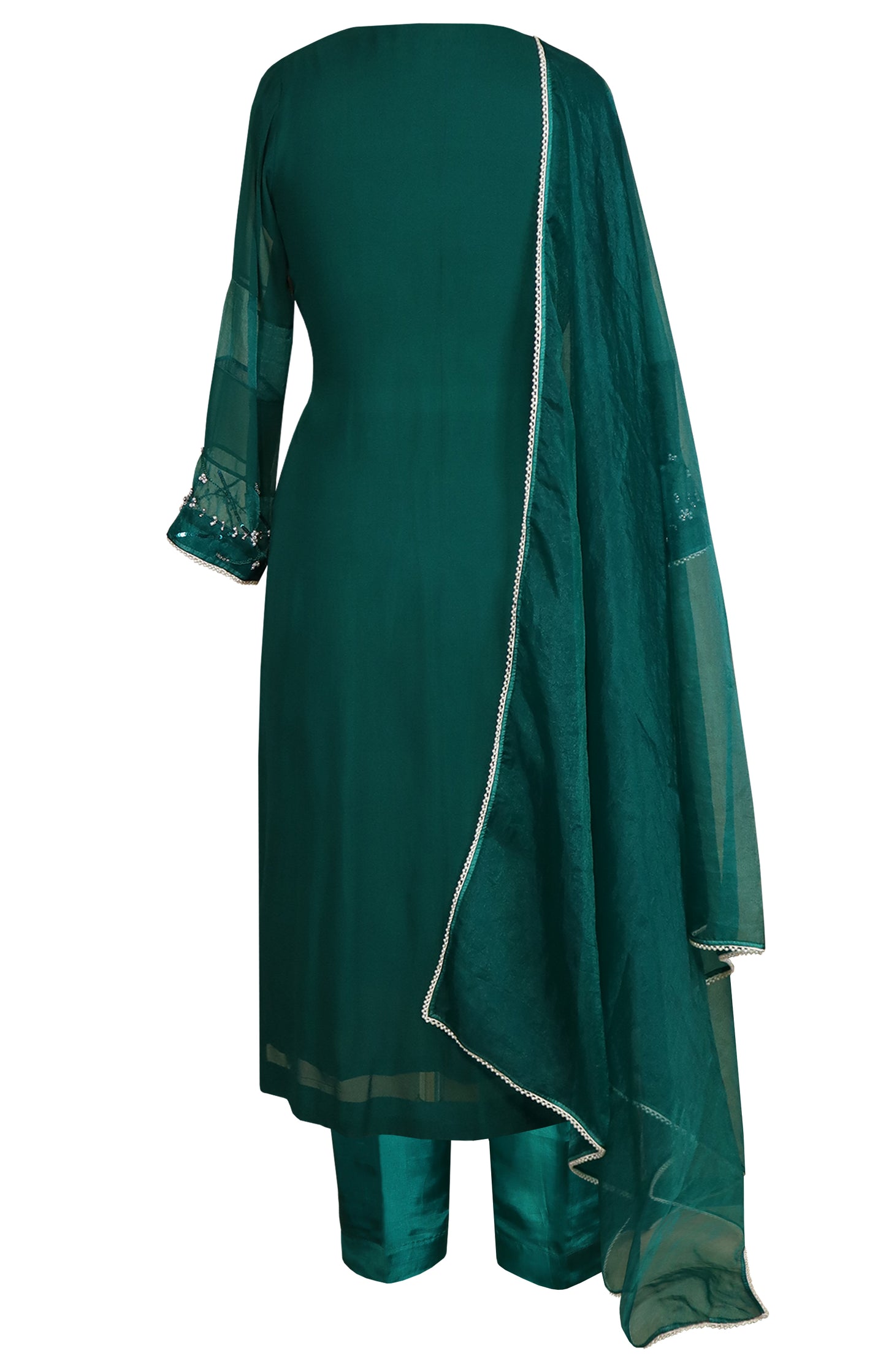 Georgette Suit With Organza Block - EMERALD GREEN