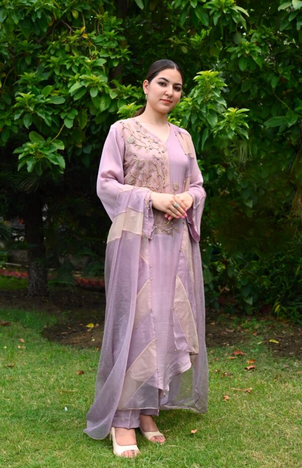Colour Block Chiffon Suit With Dabka Embroidery
