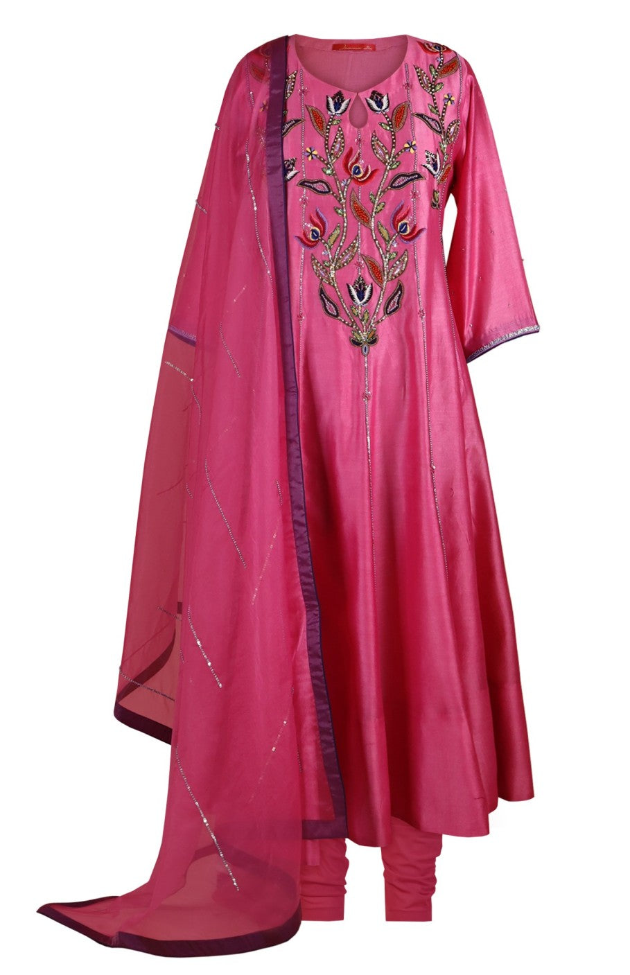 Multicoloured Embroidery Kora Silk Anarkali