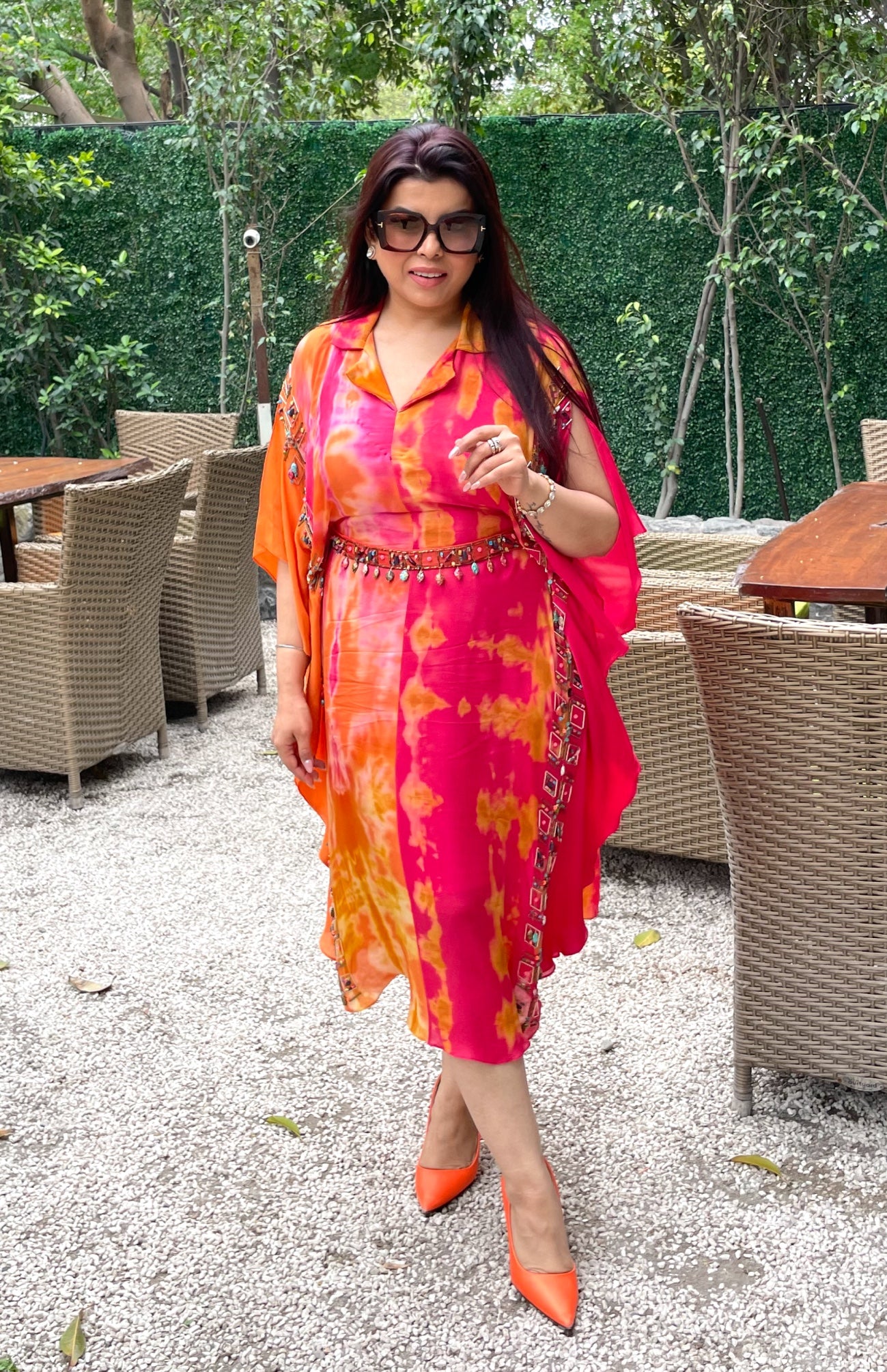 Tie n Dye Chiffon Kaftan - HOT PINK/ORANGE