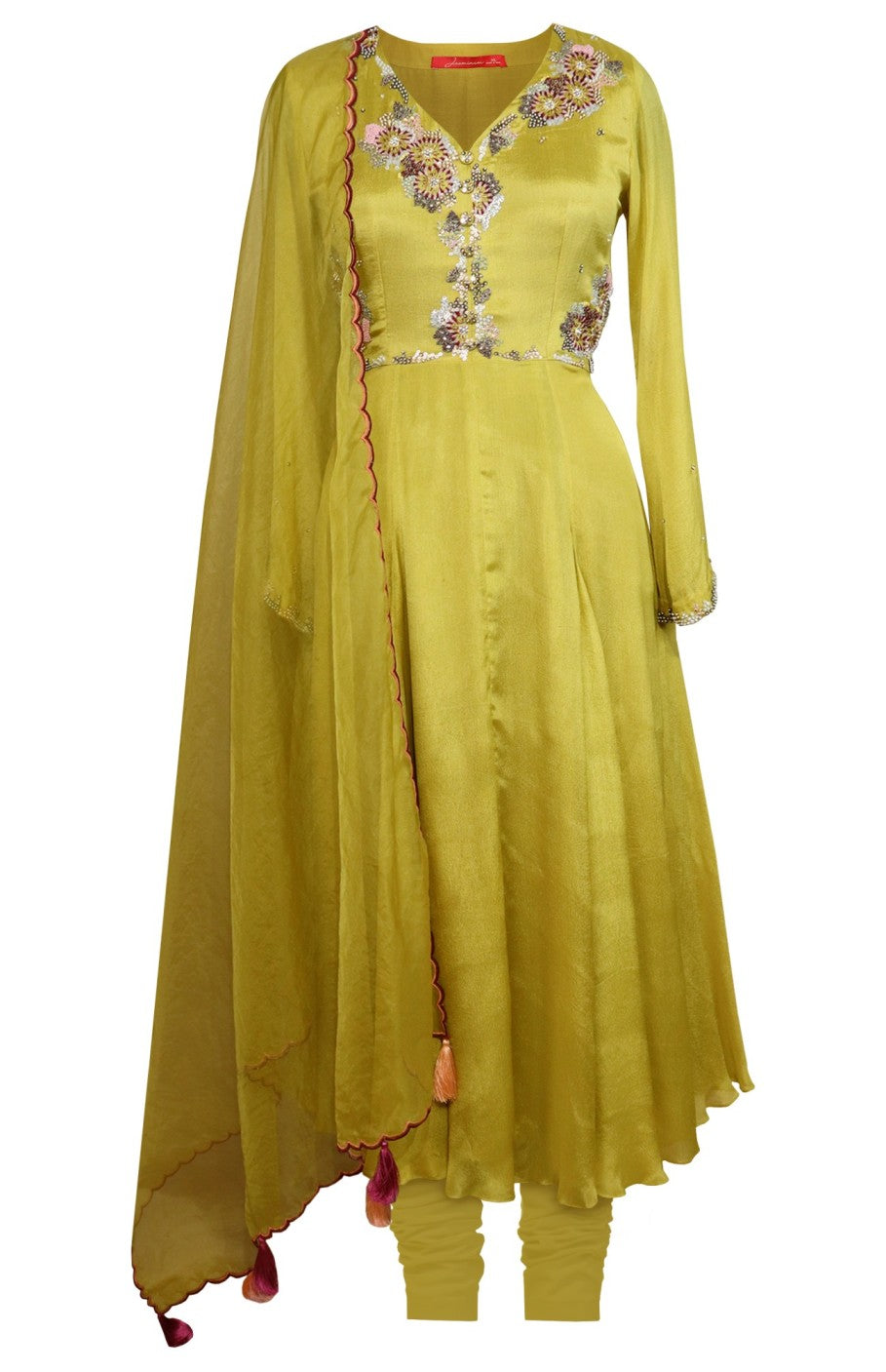 Chiffon Anarkali With French Knots - GOLDEN OLIVE