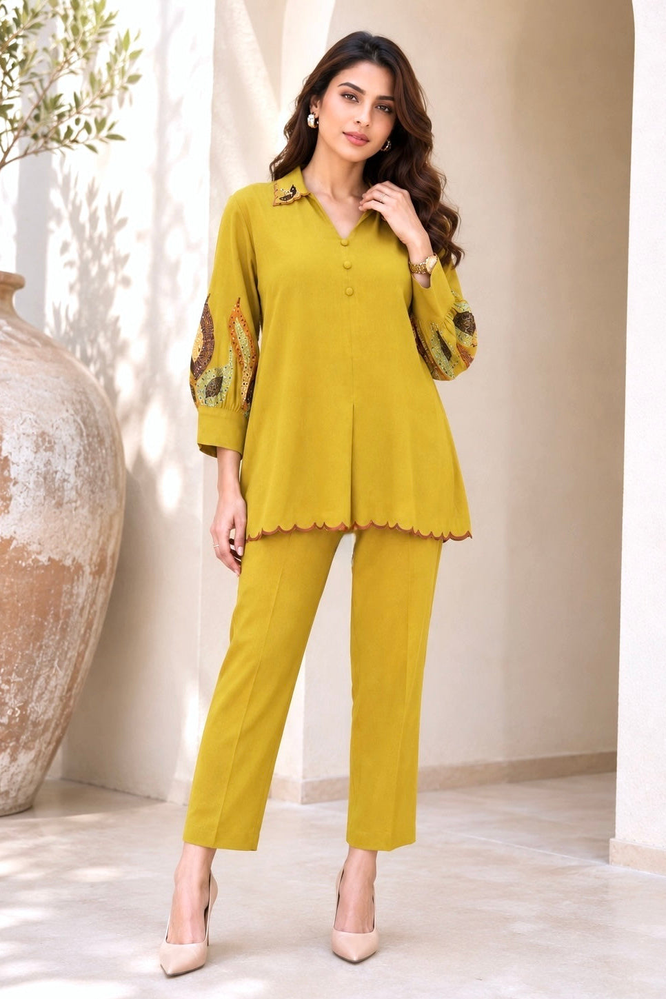 Kantha Embroidery U-Cut Co-ord Set - OLD ROSE