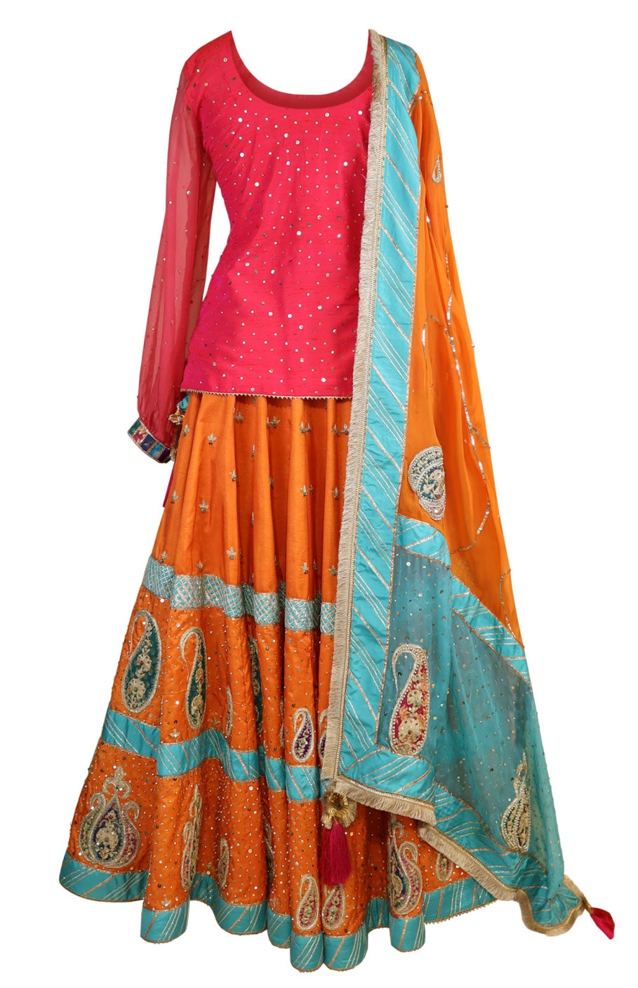 Hot Pink & Orange Raw Silk Lehnga