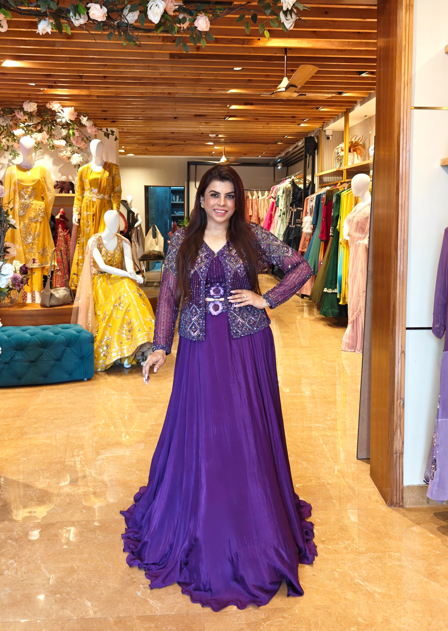 Crop Top Skirt With Embellished Jacket - PURPLE