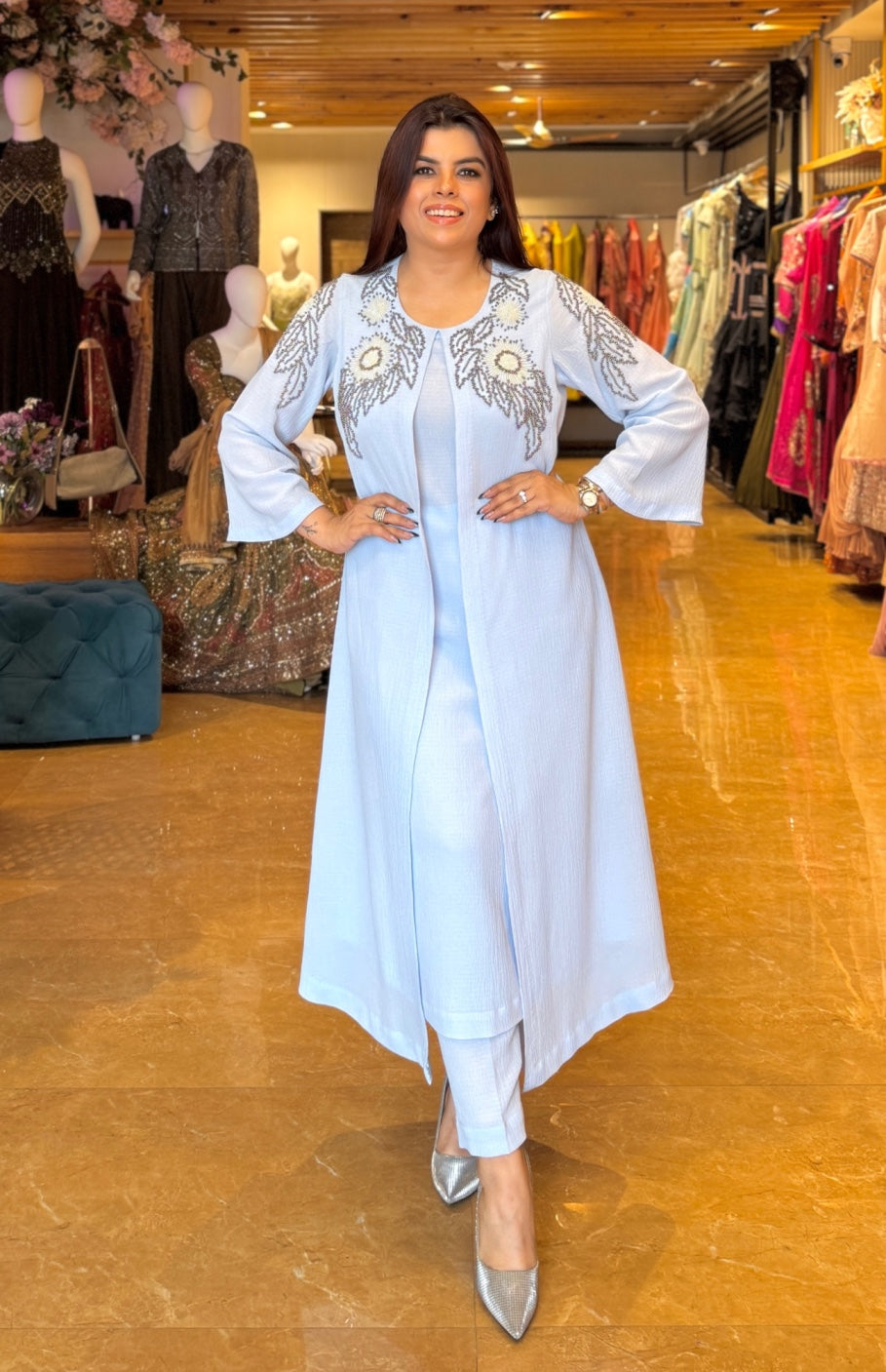 Jacket Style Kurta Set With Daisies - POUDRE' BLEU