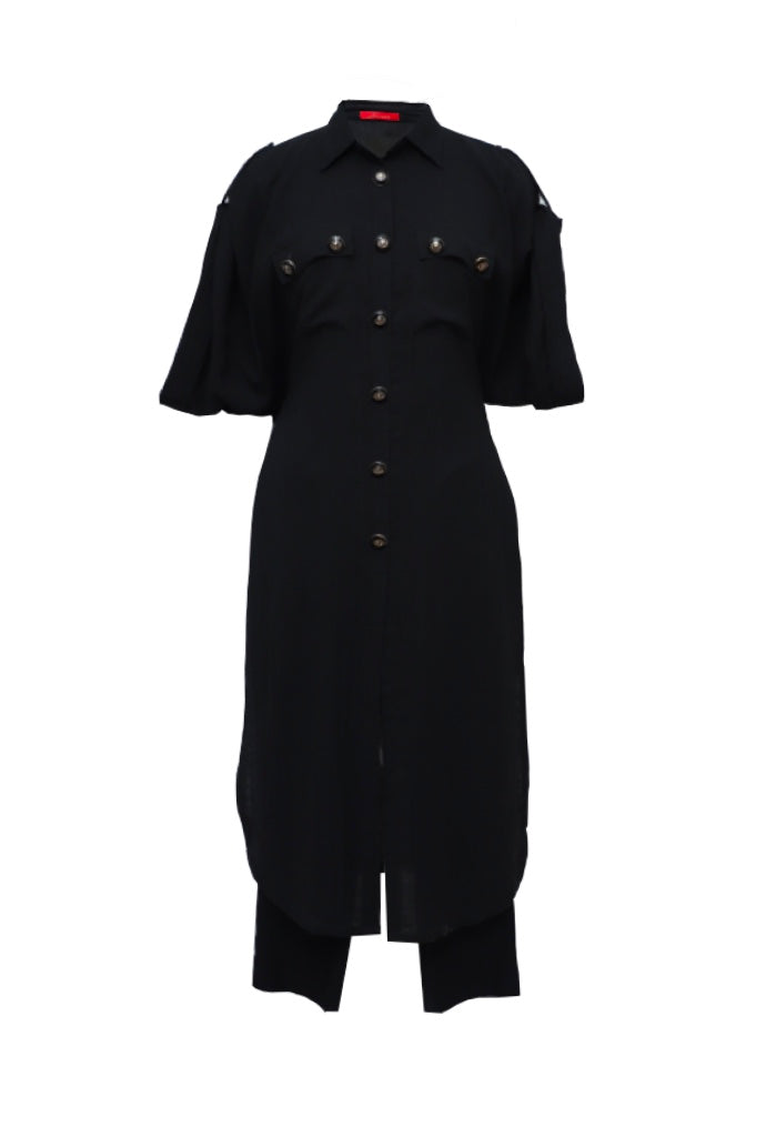 Black Linen Shirt Dress With Embroidered Pants
