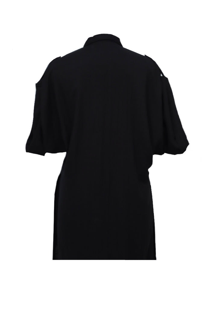 Black Linen Shirt Dress With Embroidered Pants
