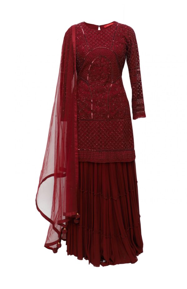 Burgundy Tone On Tone Sharara Suit