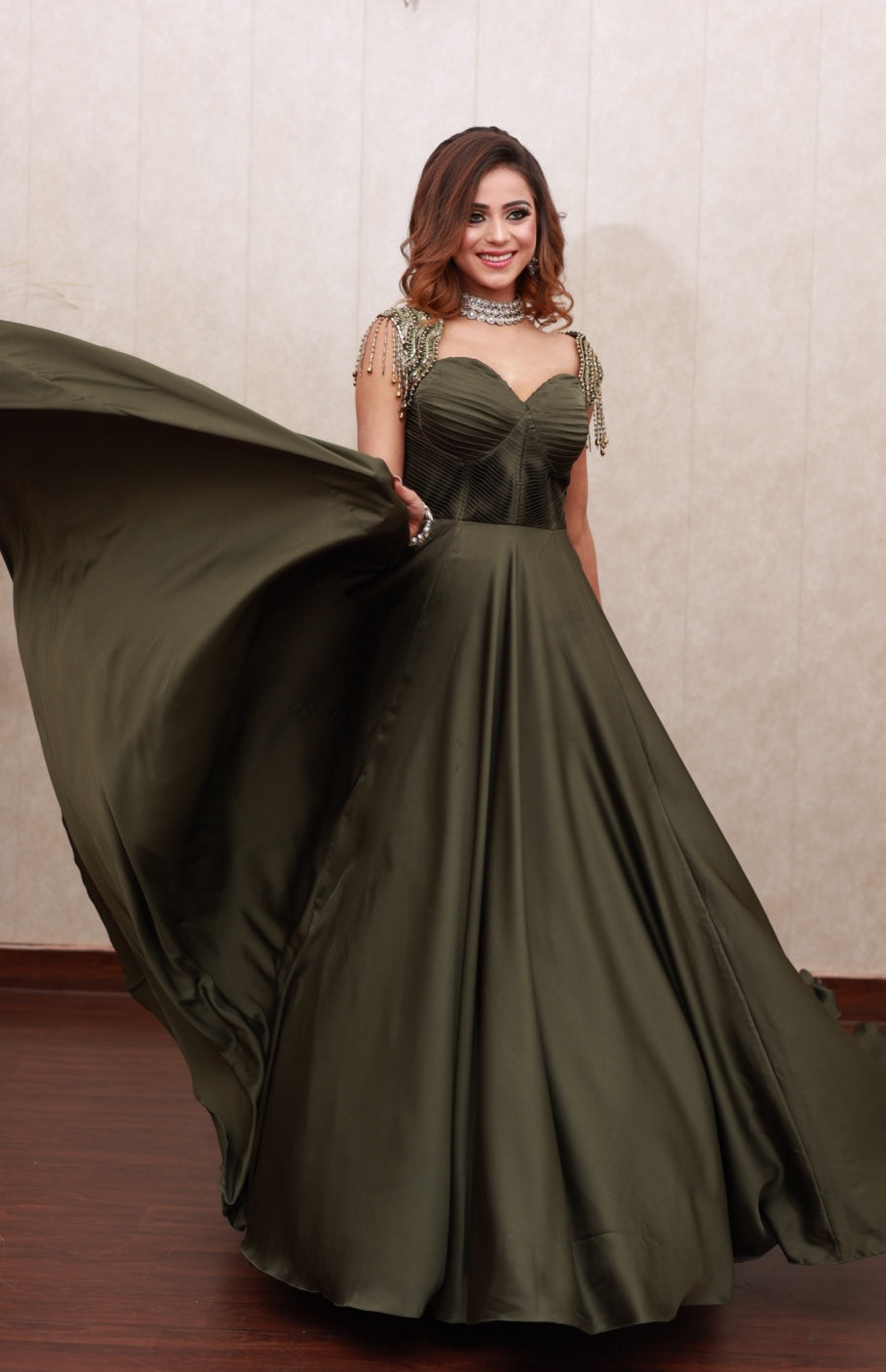 Olive Gown With Power Shoulders