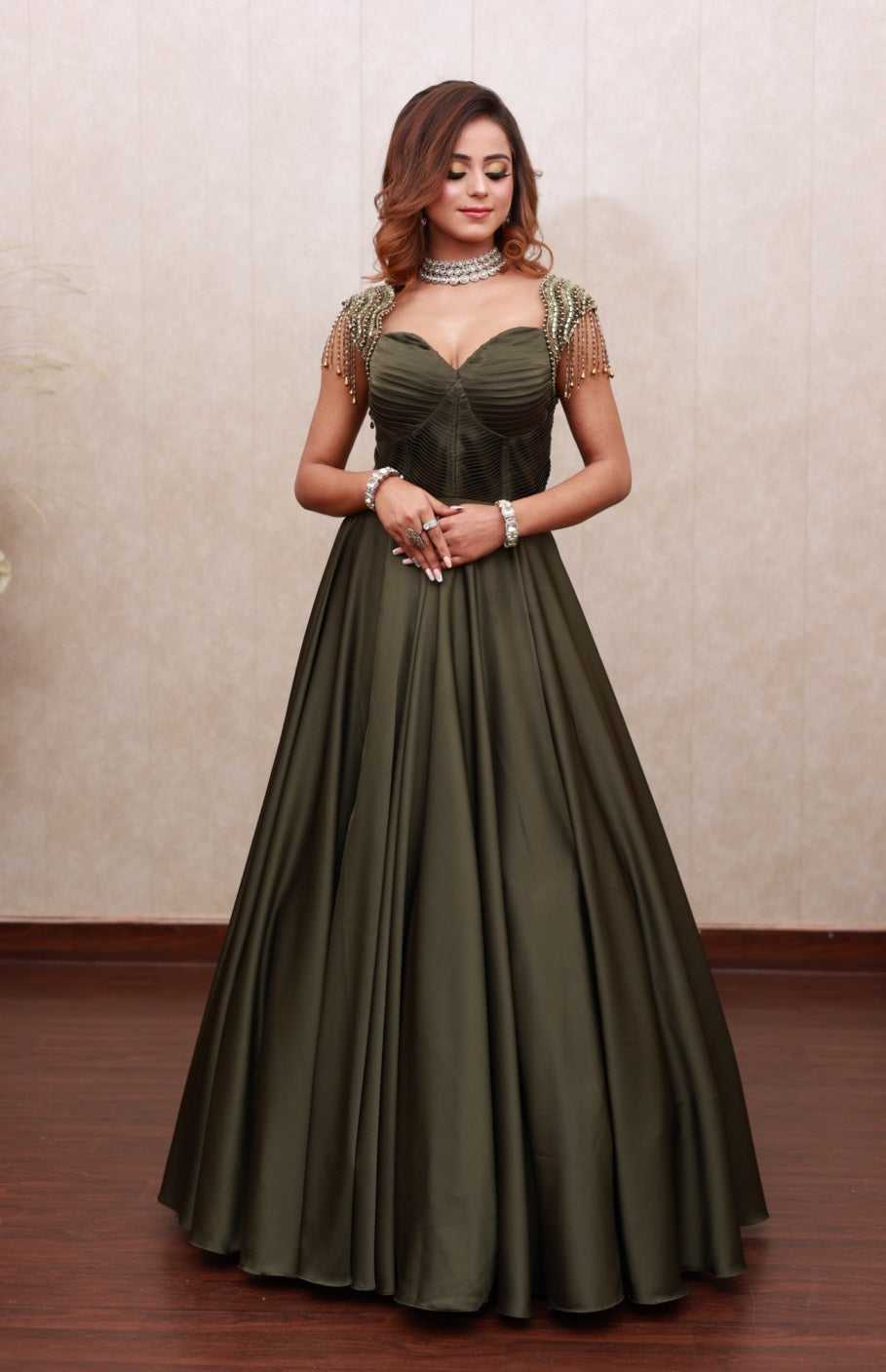 Olive Gown With Power Shoulders