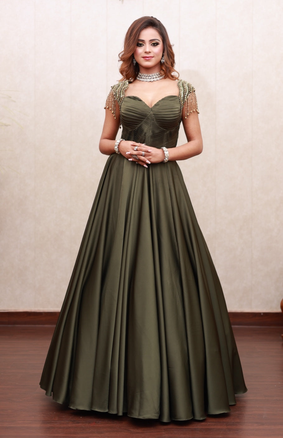 Olive Gown With Power Shoulders