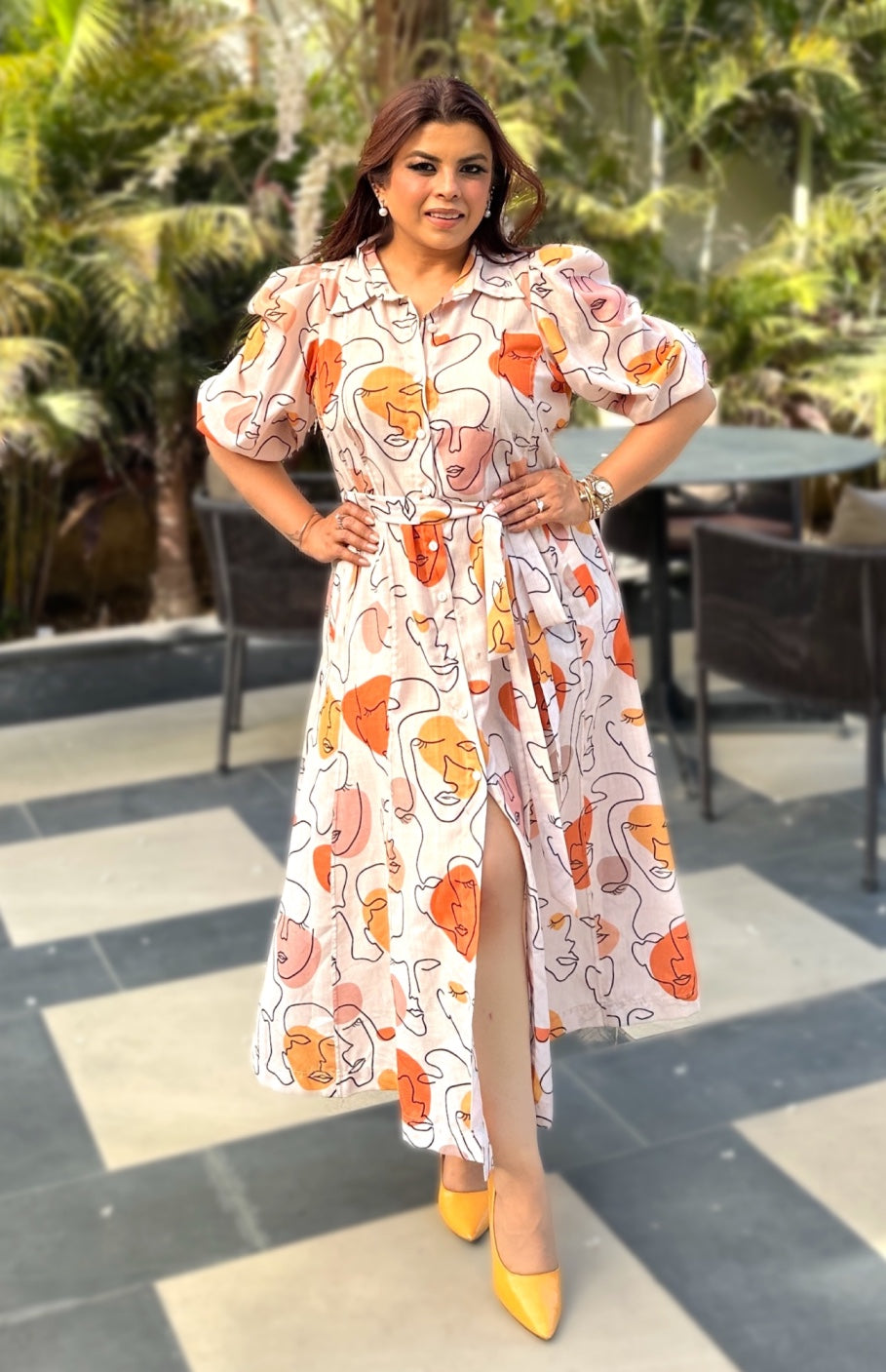Printed Linen Midi Dress