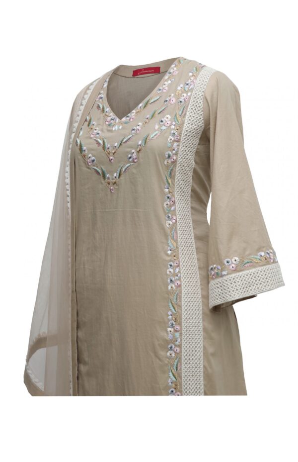 Beige Cool Cotton Suit With Multi Coloured Embroidery