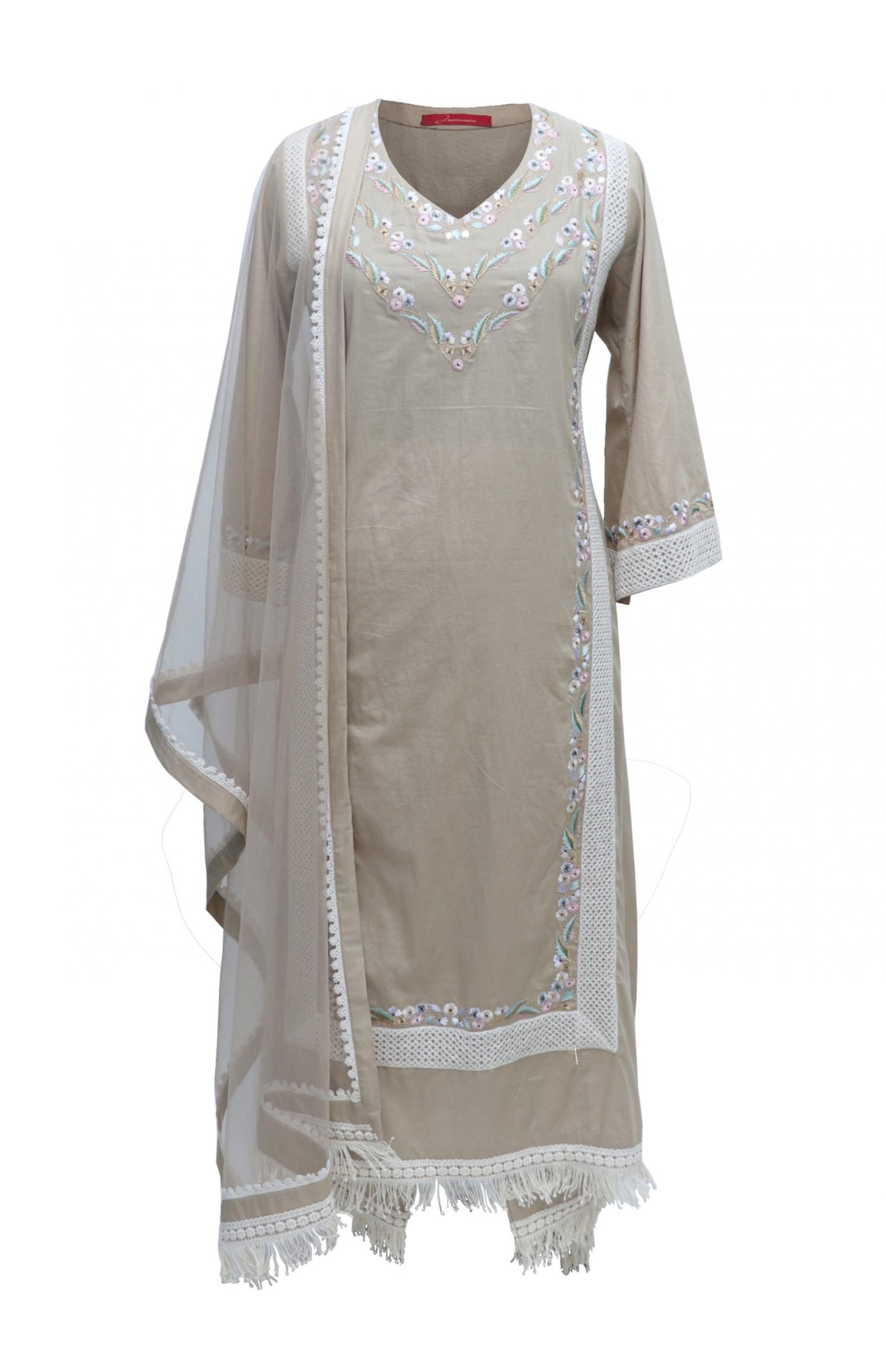 Beige Cool Cotton Suit With Multi Coloured Embroidery