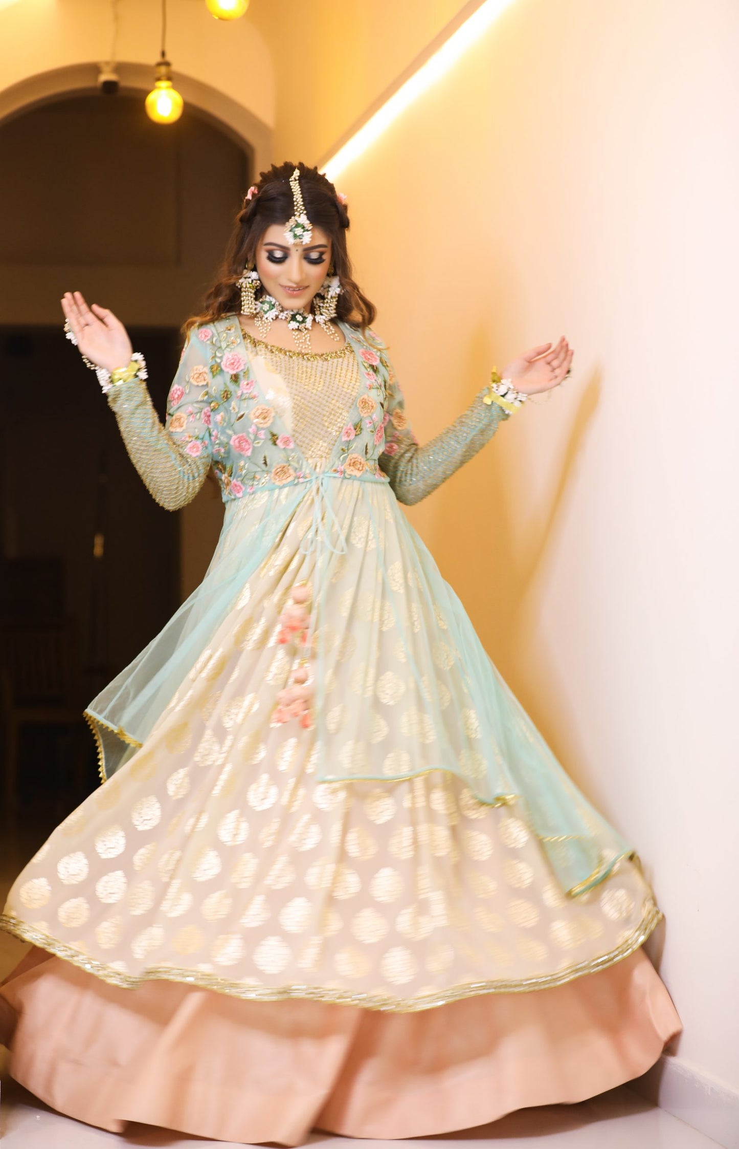 Ferozi Tulle Jacket With Foil Anarkali And Silk Lehnga