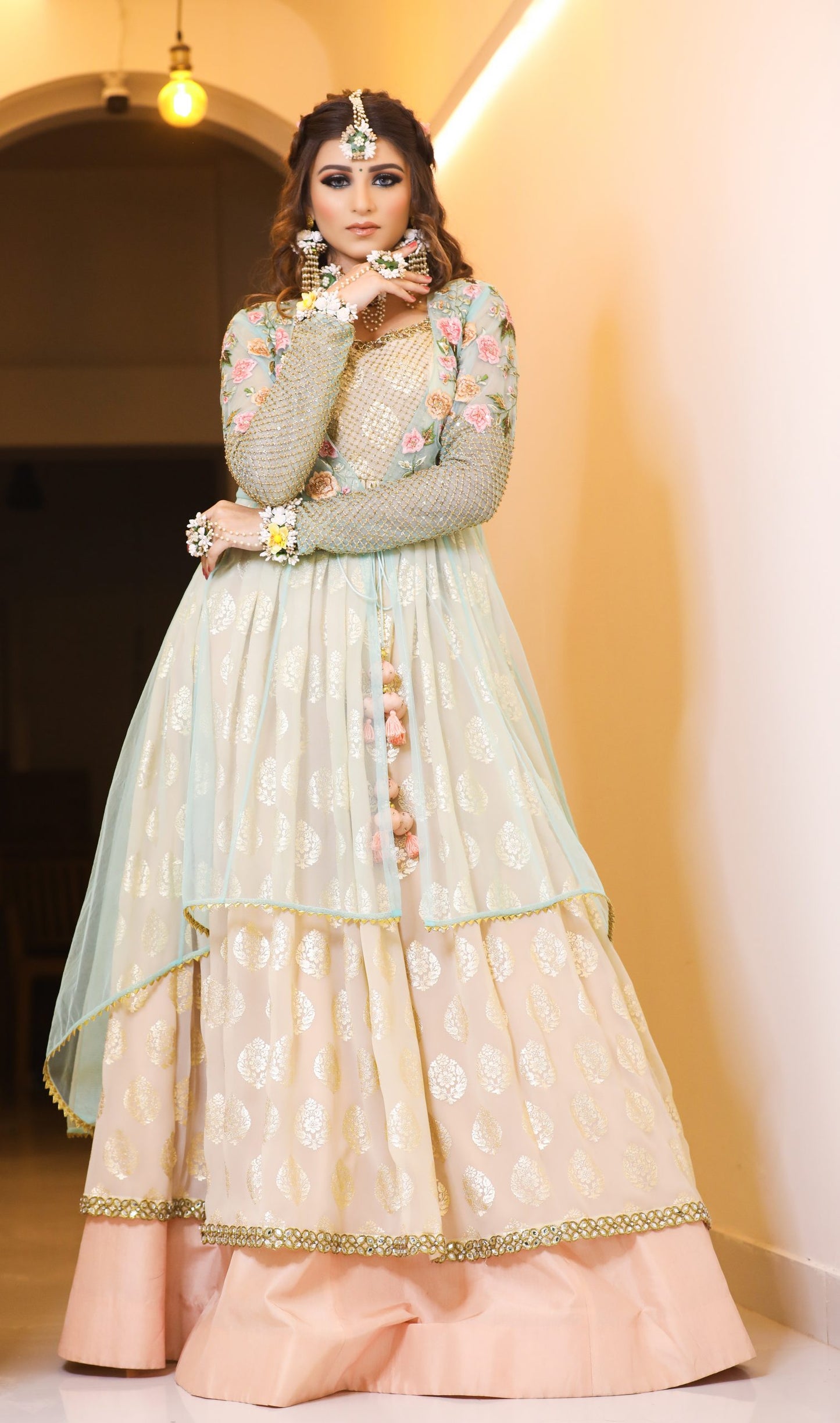 Ferozi Tulle Jacket With Foil Anarkali And Silk Lehnga