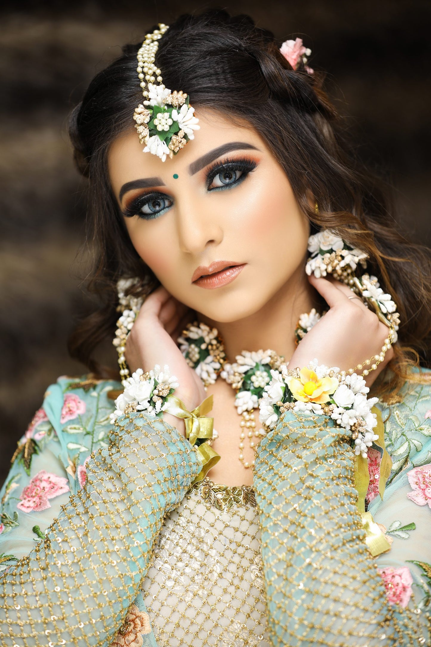 Ferozi Tulle Jacket With Foil Anarkali And Silk Lehnga