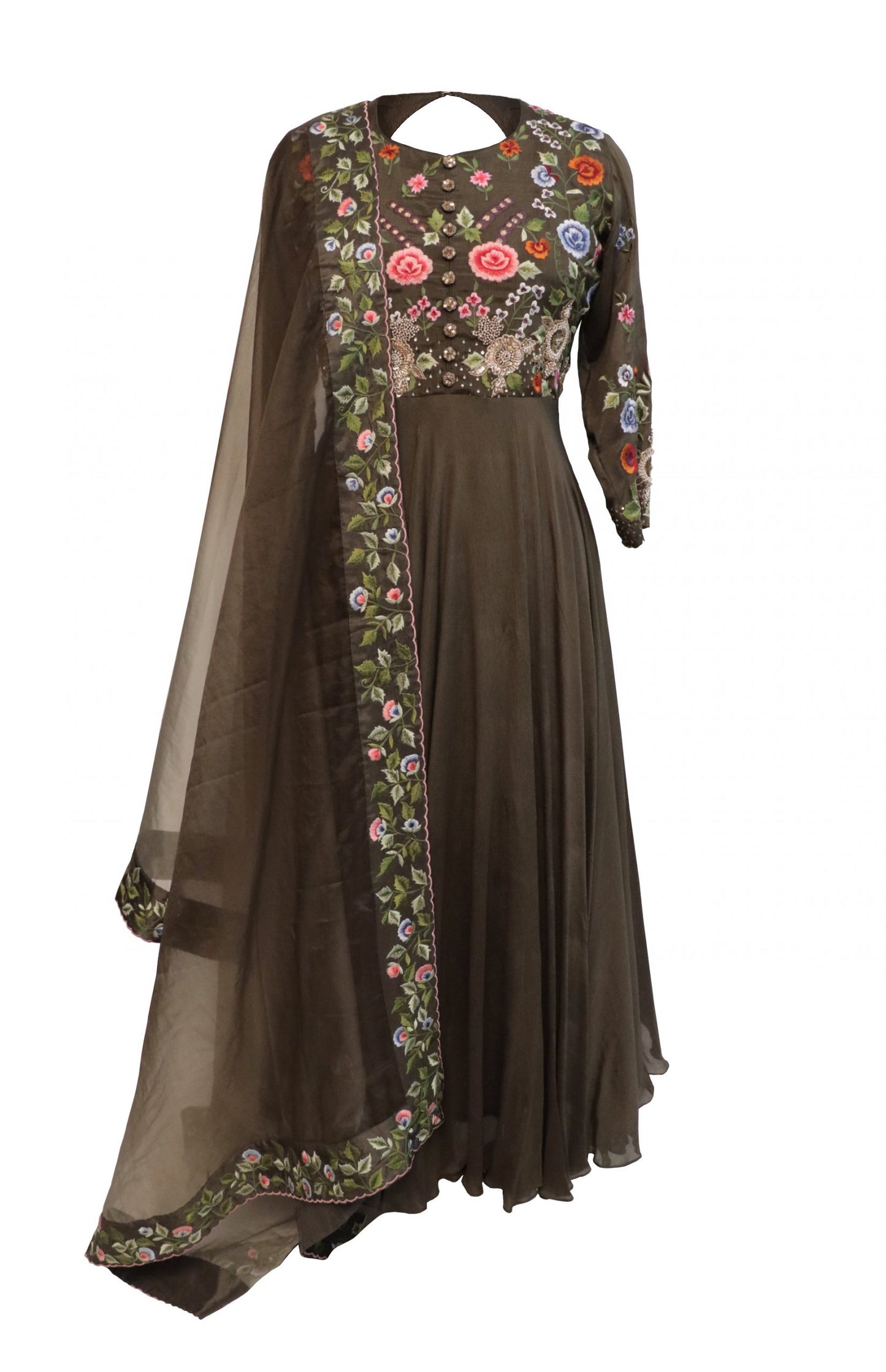 Olive Green Anarkali With Multicoloured Embroidery