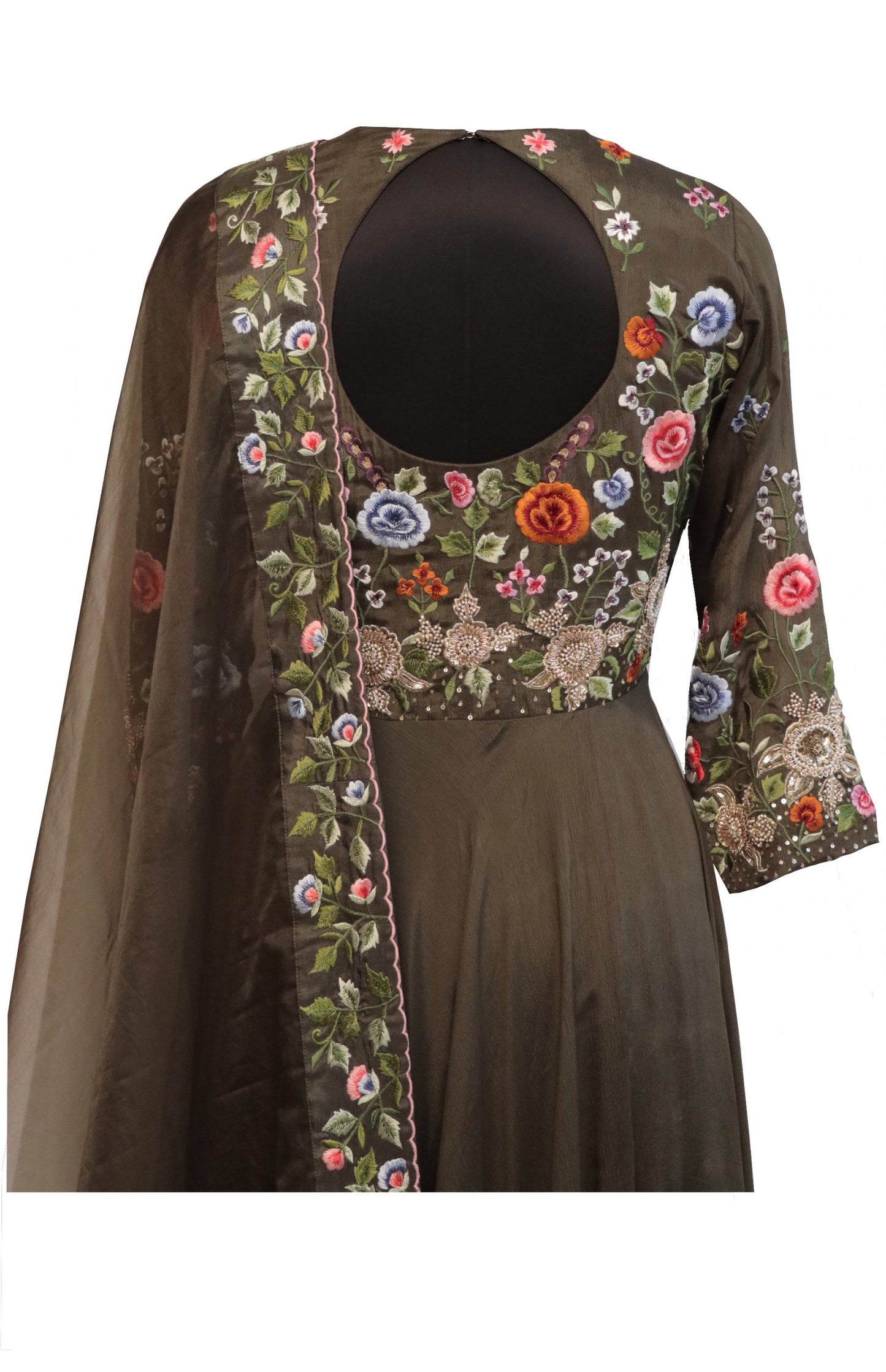 Olive Green Anarkali With Multicoloured Embroidery