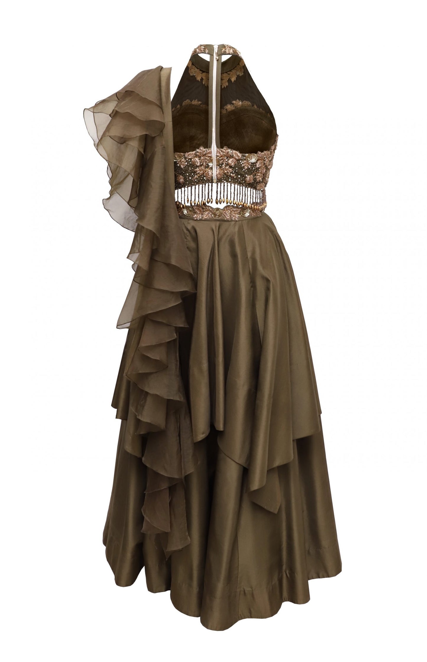 Olive Halter Neck Crop Top Lehnga