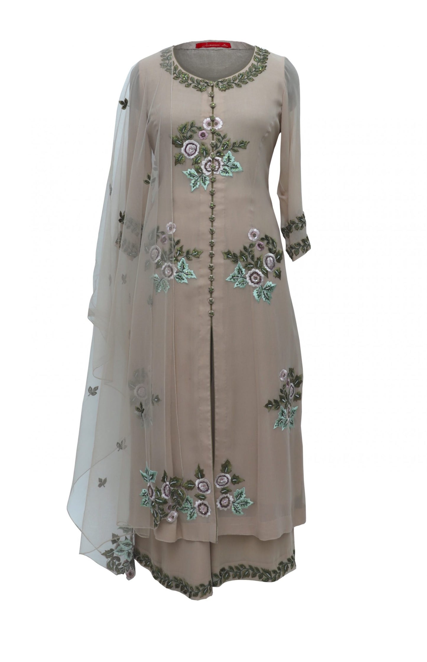 Georgette Suit With Floral Bunches - BEIGE