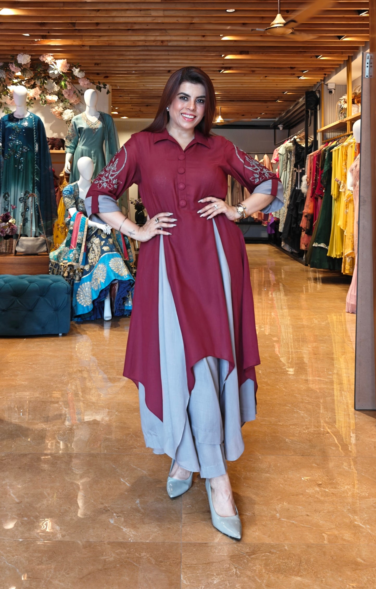 Voile Dual Asymmetric Kurta Set - MAROON