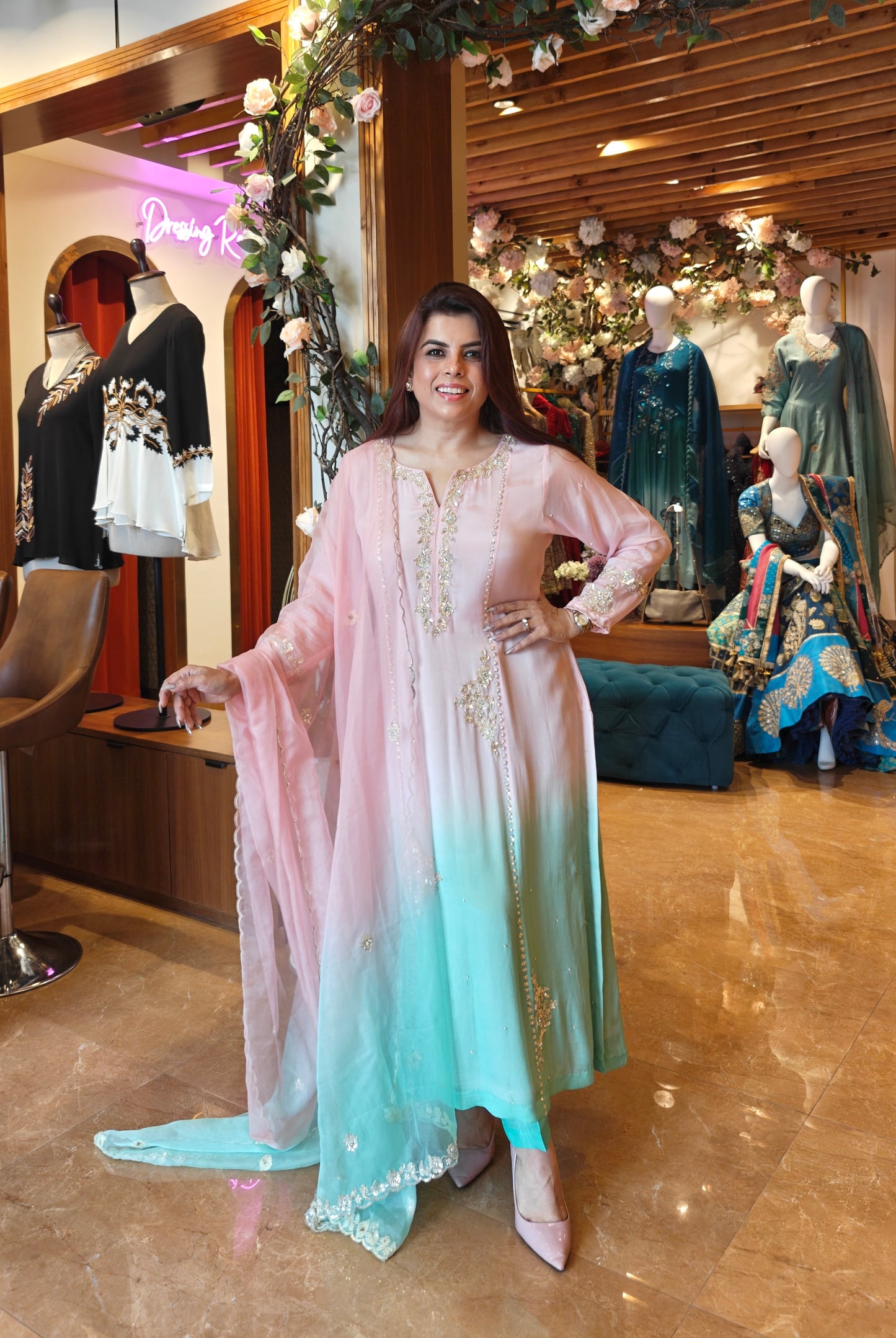 Ombré Chiffon Suit With Sequins Embroidery - BLUSH/MINT