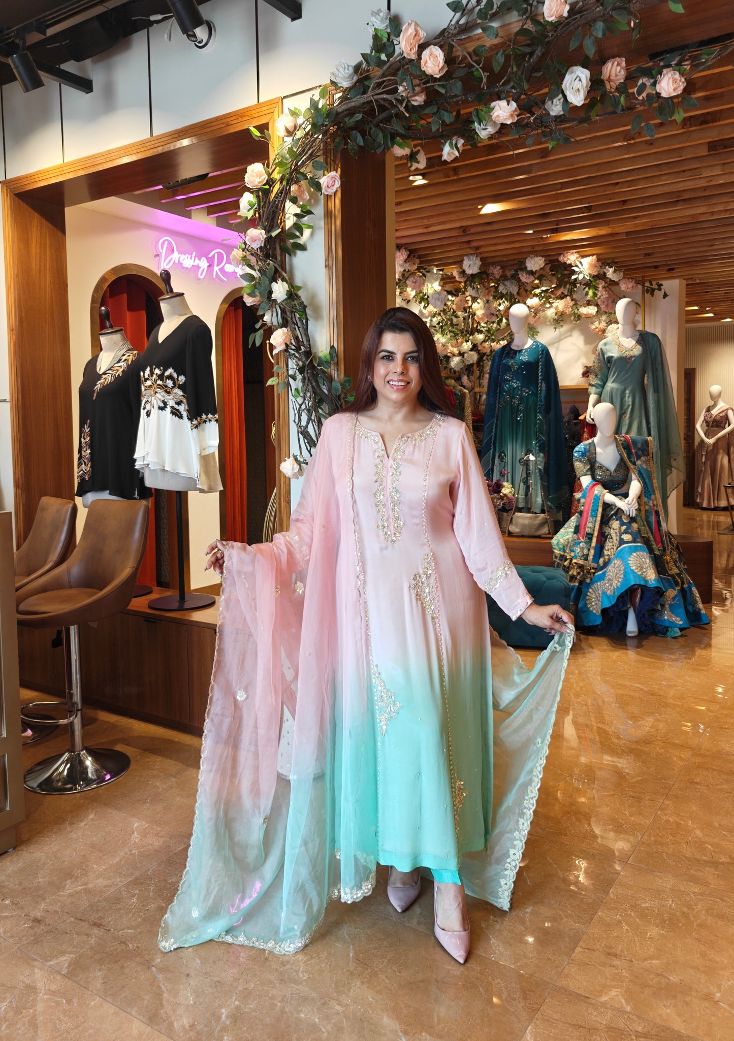 Ombré Chiffon Suit With Sequins Embroidery - BLUSH/MINT