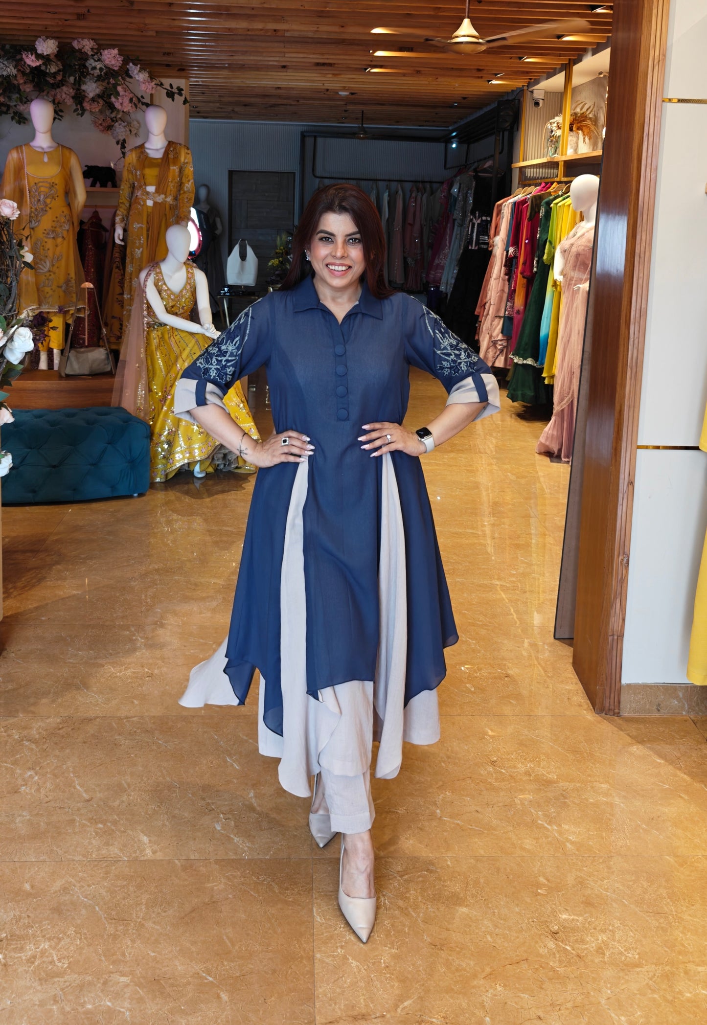Voile Dual Asymmetric Kurta Set - NAVY