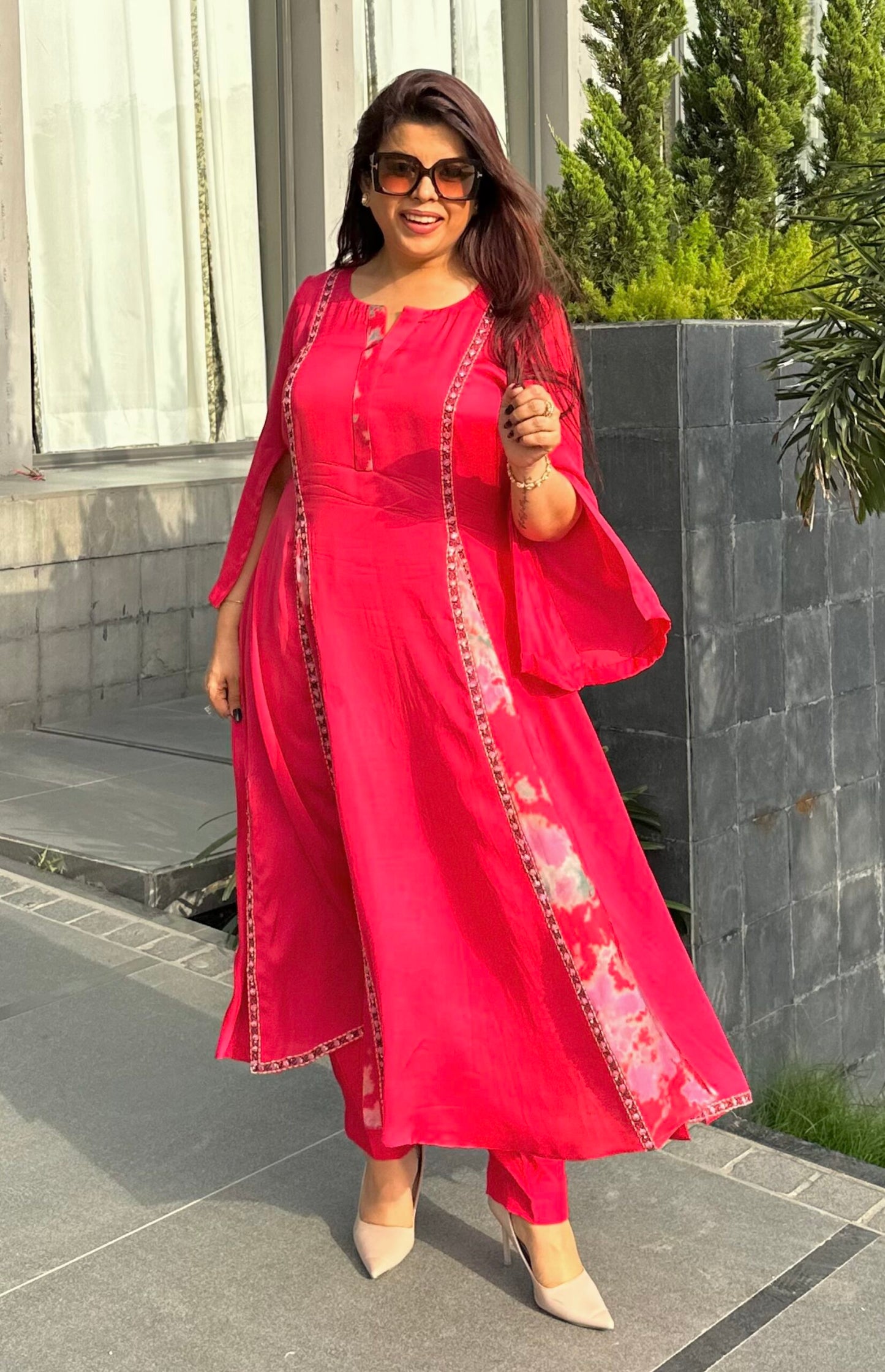 Cotton Satin Kurta Set - Tomato Red