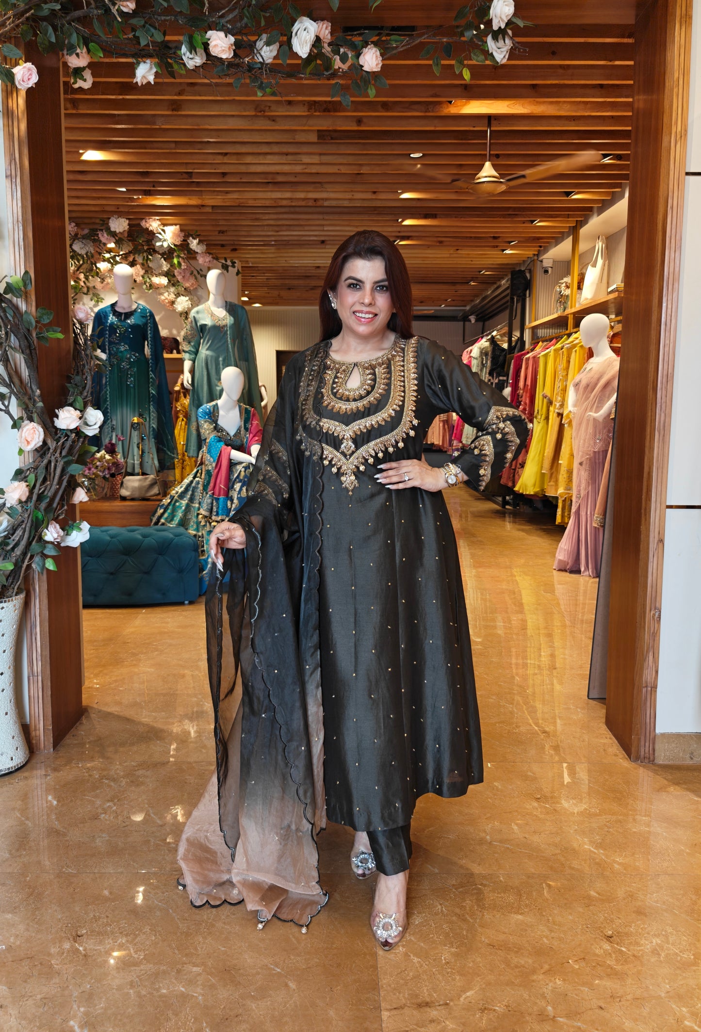 Kora Silk Kalidar Suit With Nakshi Embroidery - DARK OLIVE
