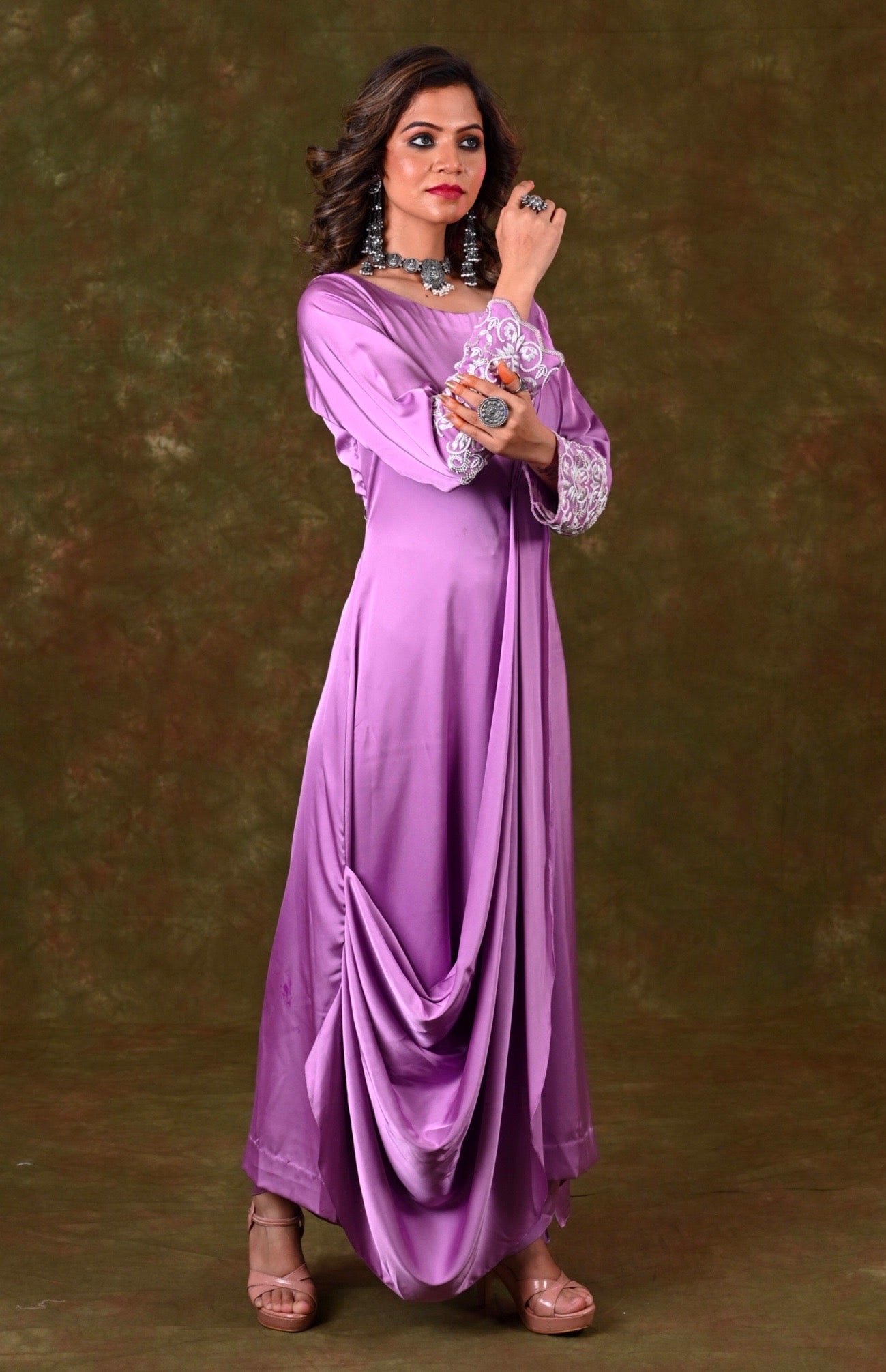 Satin Draped Kurta With Tulip Pants