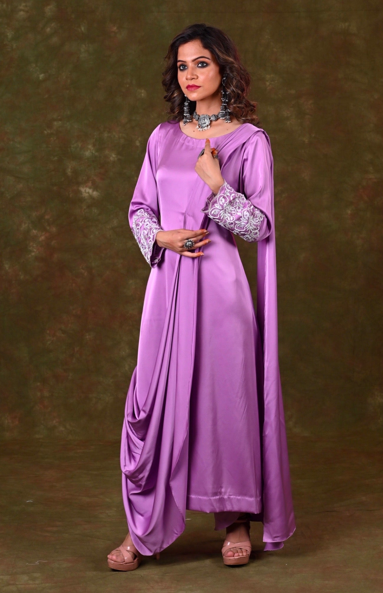 Satin Draped Kurta With Tulip Pants
