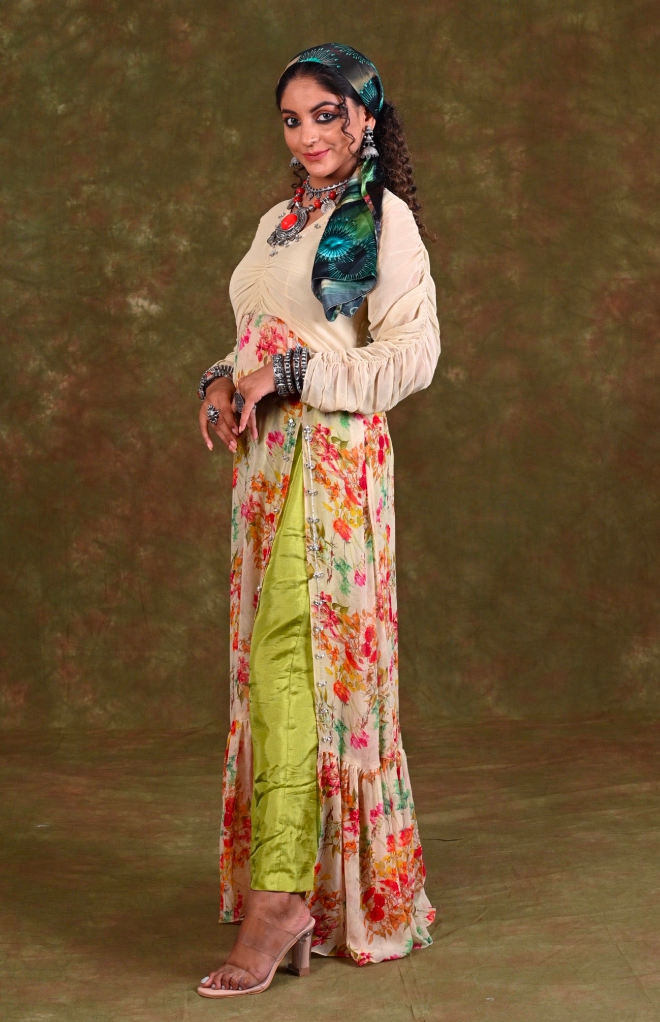 Printed Georgette Maxi Dress With Pants