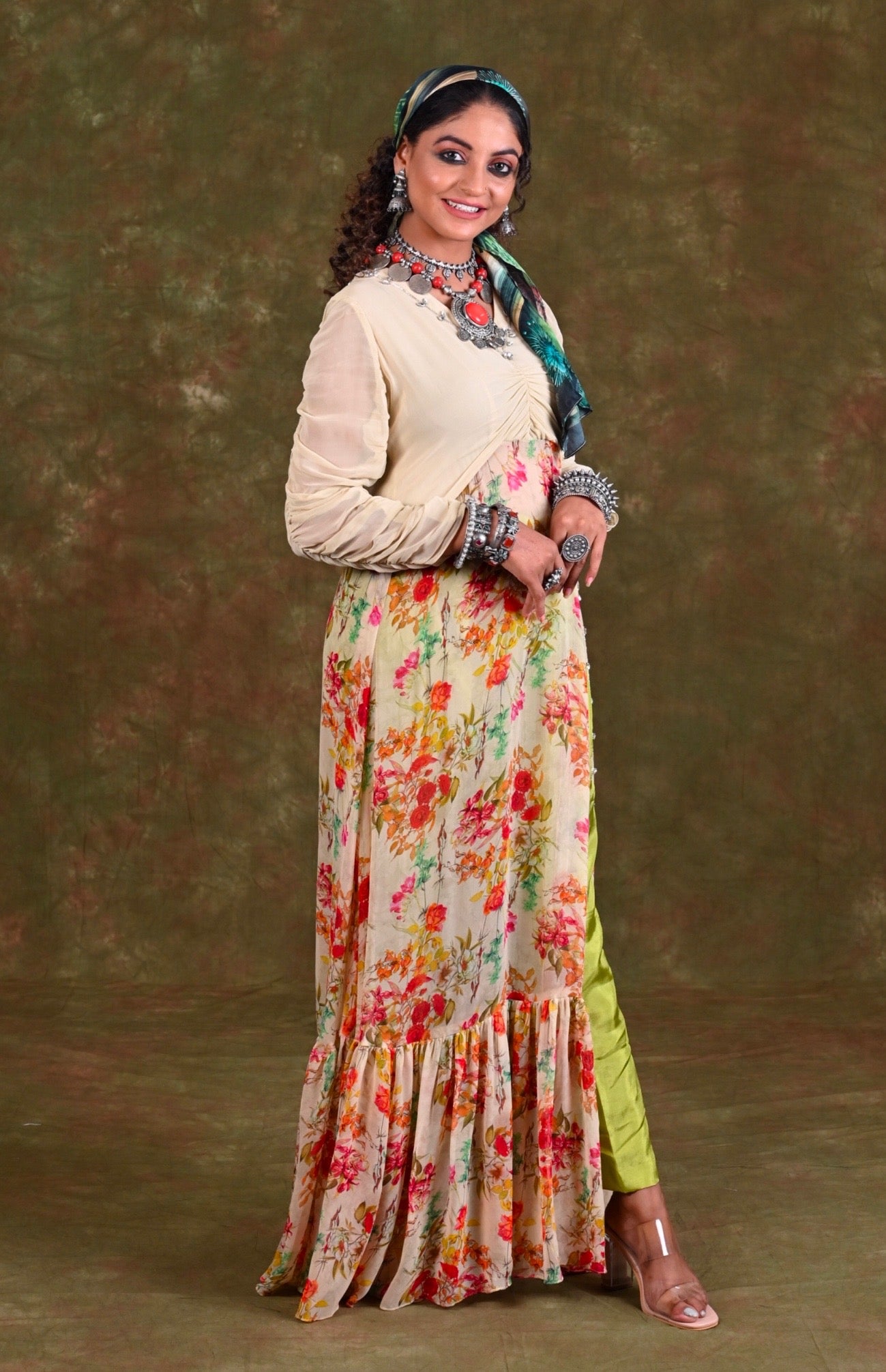 Printed Georgette Maxi Dress With Pants
