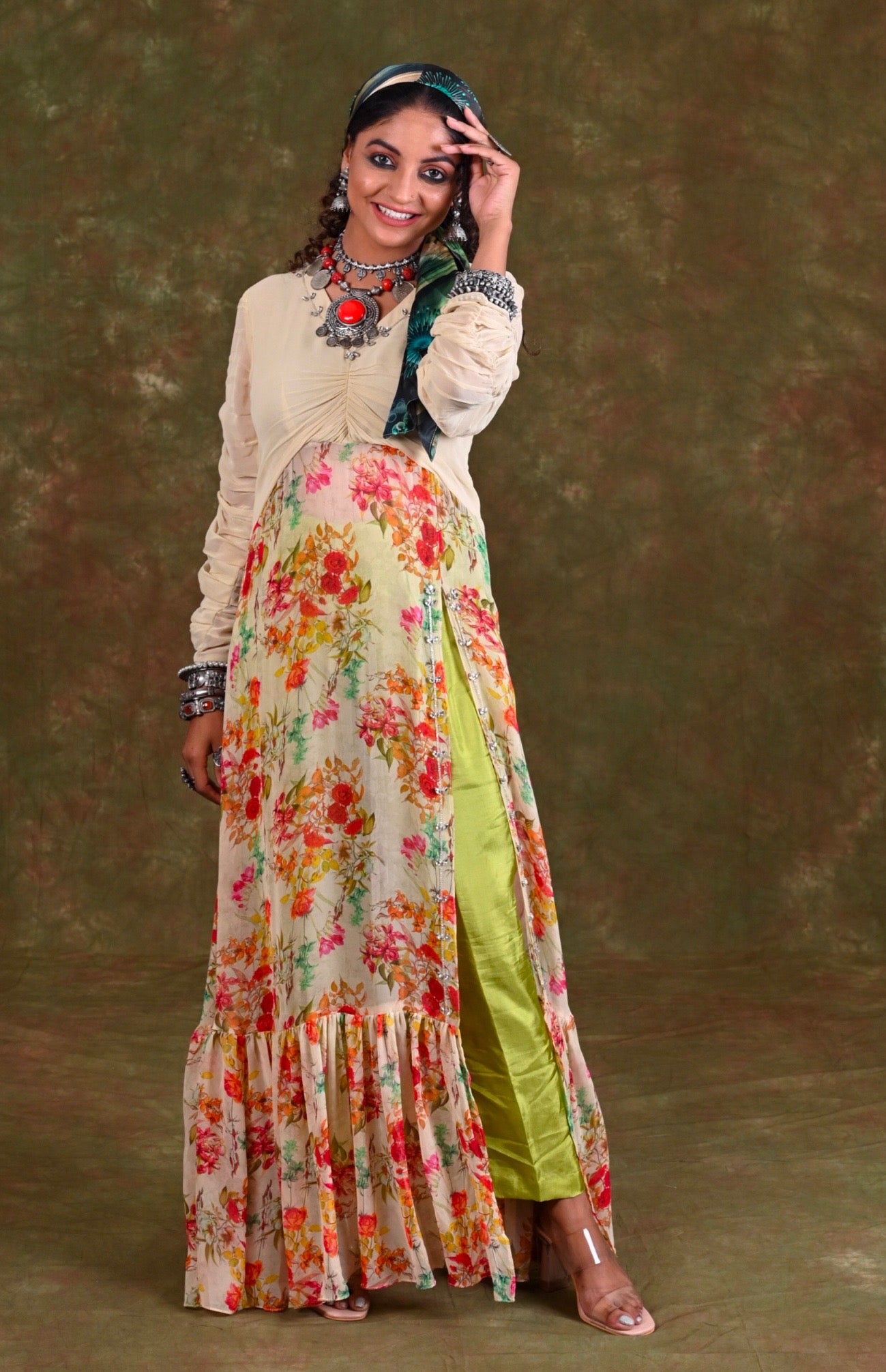 Printed Georgette Maxi Dress With Pants