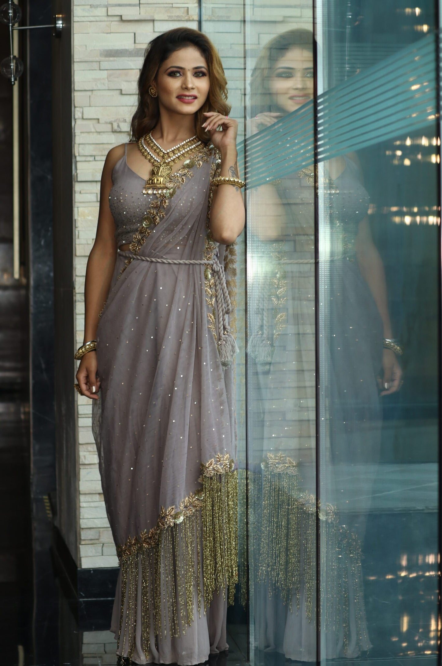 Crop Top with Gharara and Hand-embroidered Drape